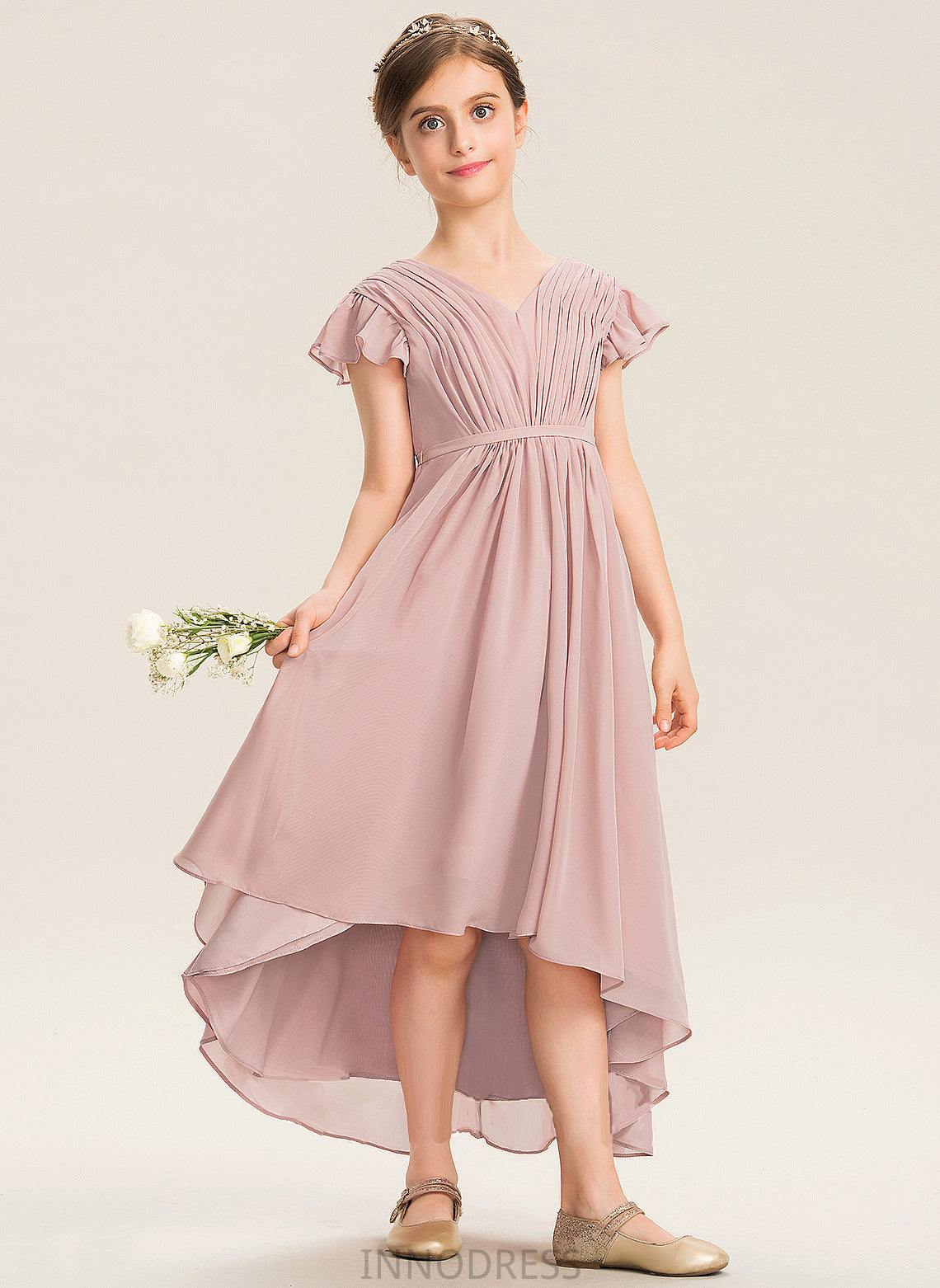 Ruffles Cascading Bow(s) With Chiffon A-Line Asymmetrical V-neck Junior Bridesmaid Dresses Cailyn