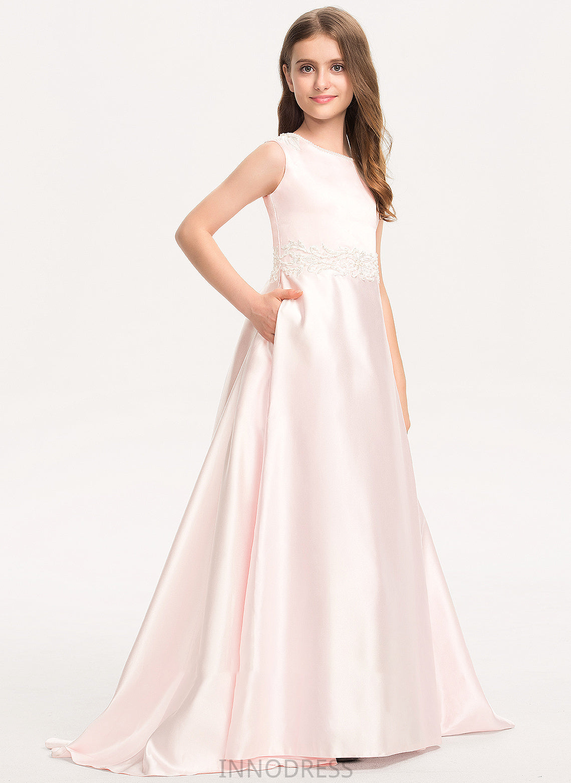 Bow(s) Satin With Lace Sweep A-Line Train Scoop Pockets Neck Carolina Junior Bridesmaid Dresses