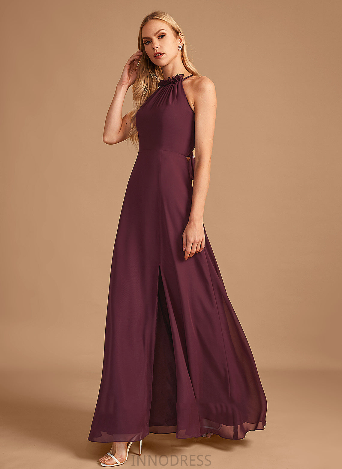 SplitFront Length Floor-Length Fabric HighNeck Silhouette A-Line Neckline Embellishment Mckayla Natural Waist A-Line/Princess Bridesmaid Dresses