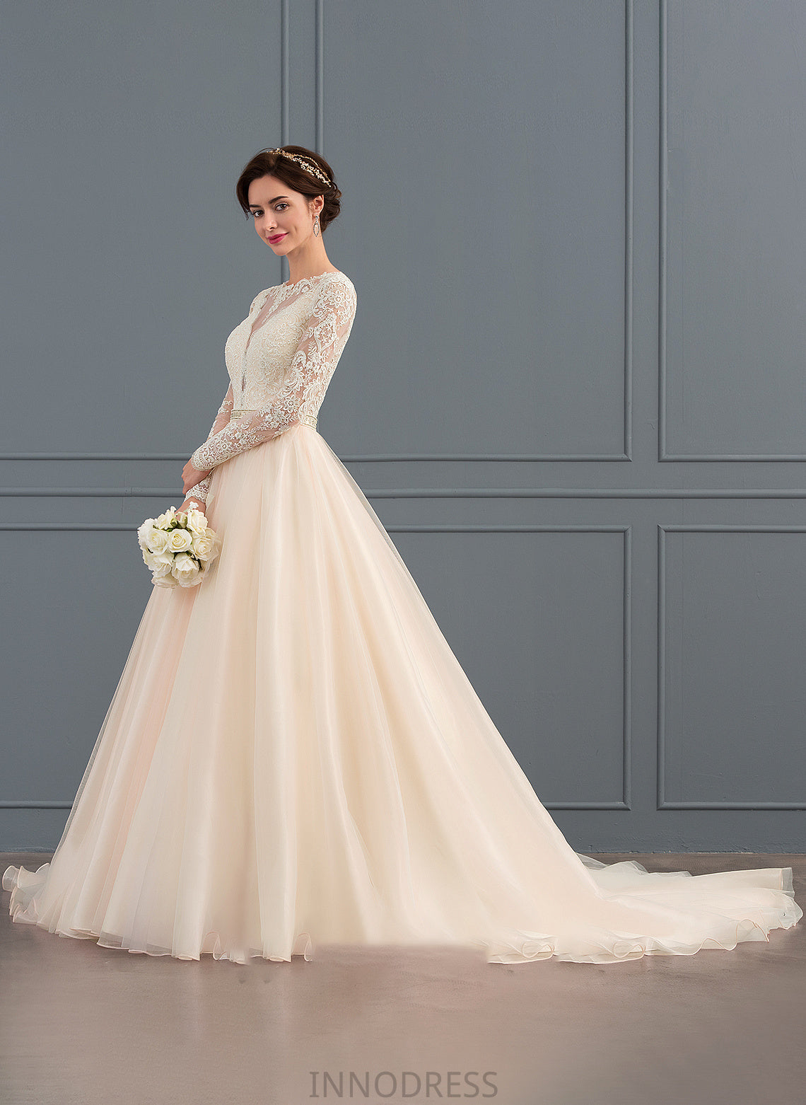 Ball-Gown/Princess Train Chapel Wedding With Dress Wedding Dresses Beading Tulle Scoop Elsa Neck