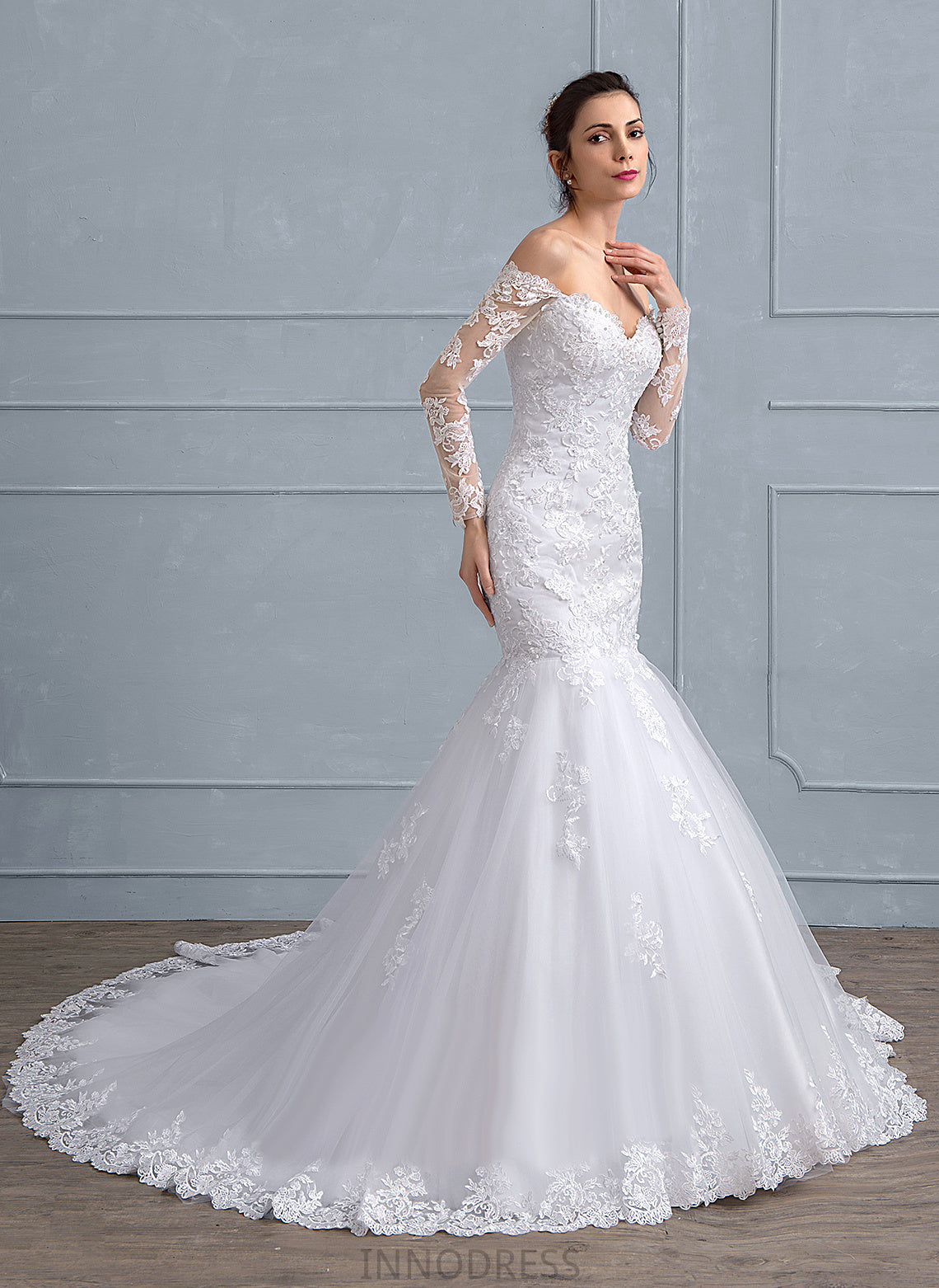 Court Tulle Wedding Dresses With Trumpet/Mermaid Beading Dress Off-the-Shoulder Sequins Lace Train Ainsley Wedding