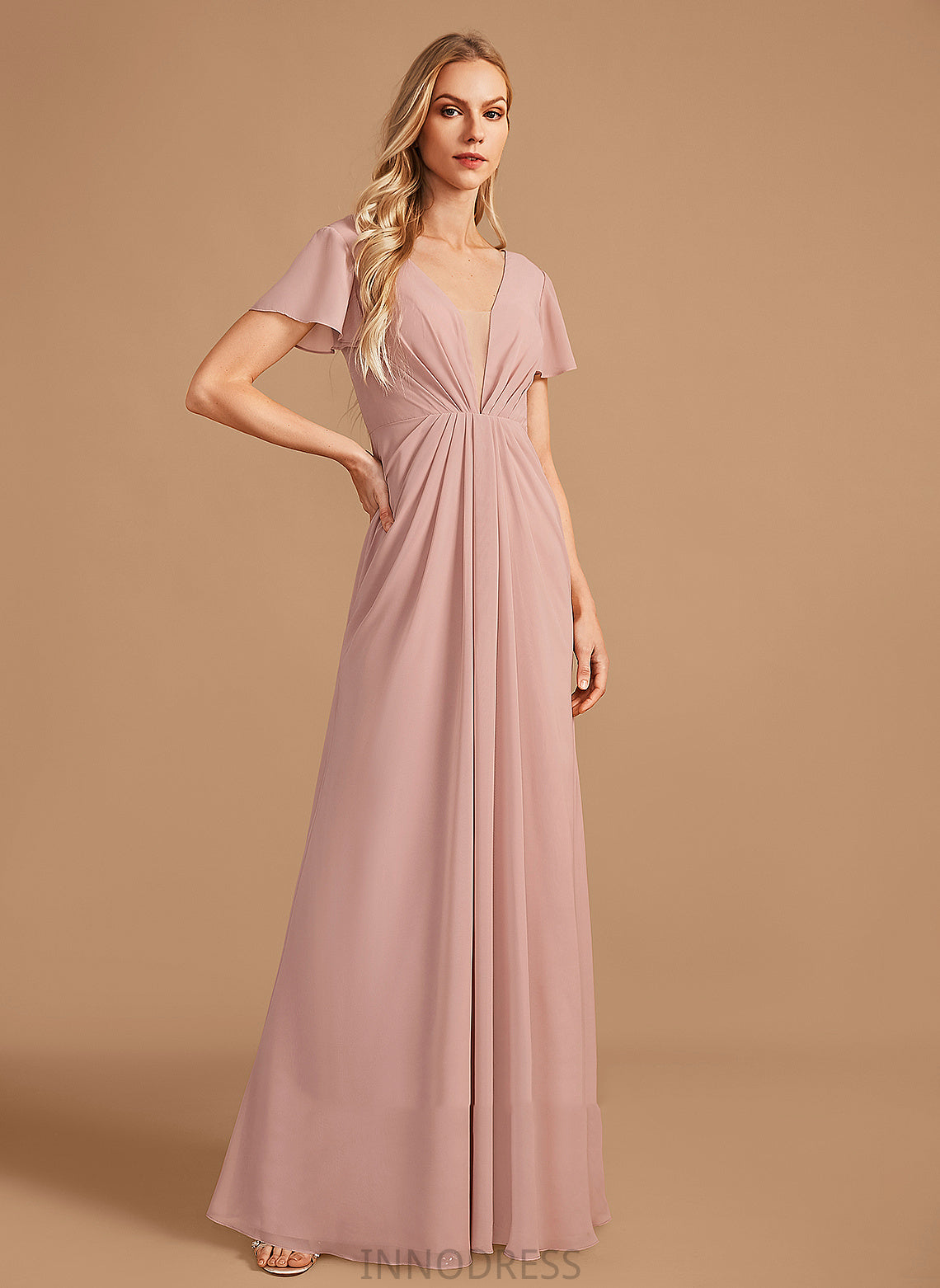 Fabric Floor-Length A-Line Length Ruffle Embellishment V-neck Silhouette Neckline Millie One Shoulder Sleeveless Bridesmaid Dresses