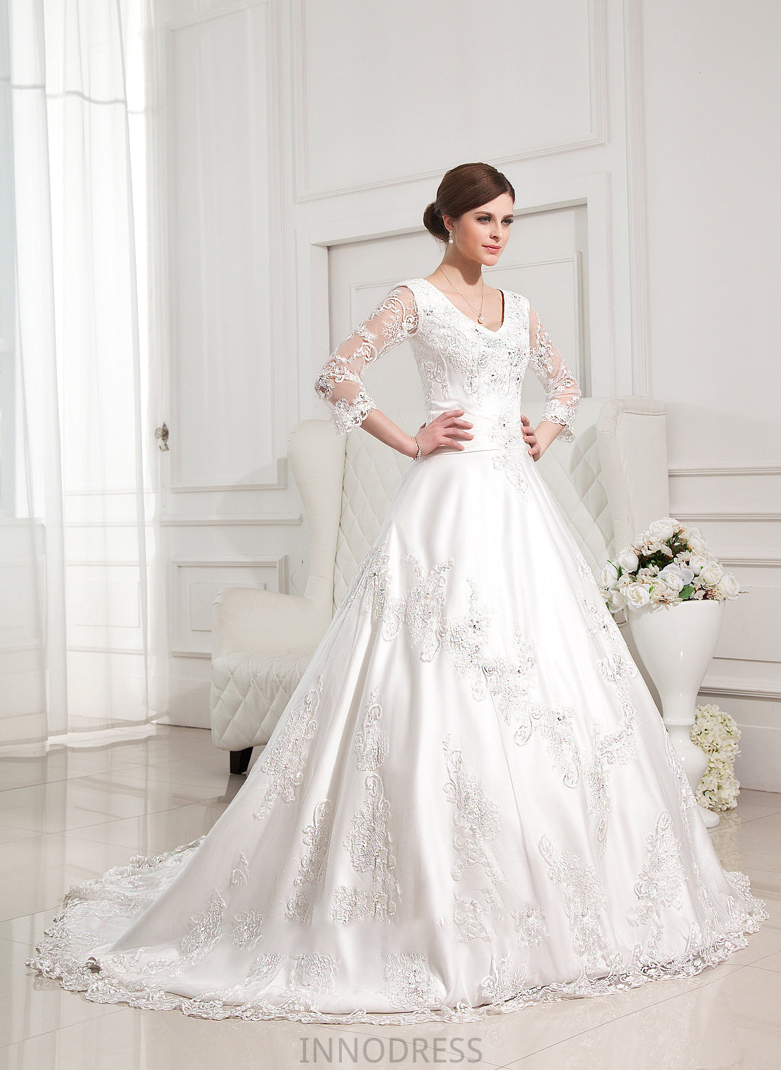 Wedding Dress Beading Wedding Dresses With Satin Rayna Lace V-neck Appliques Ball-Gown/Princess Train Chapel