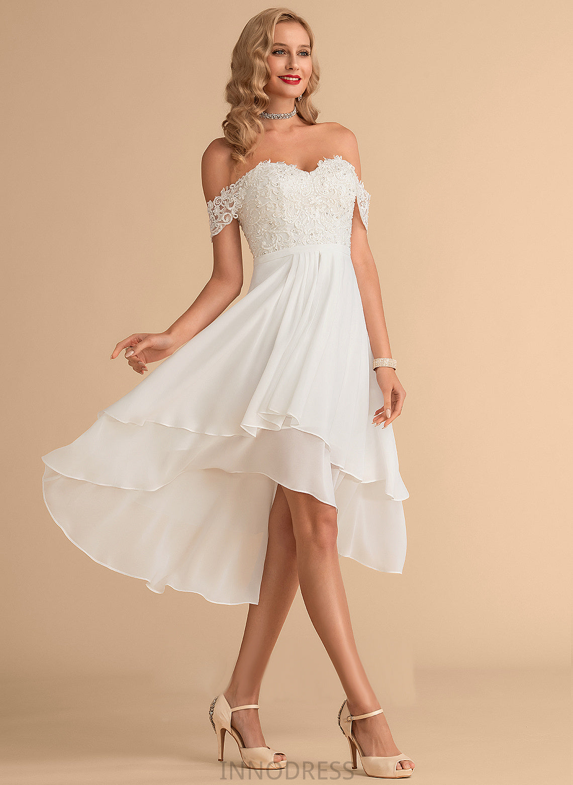 Dress Asymmetrical Tricia Off-the-Shoulder Lace Beading Sequins Wedding Dresses Chiffon Wedding A-Line With