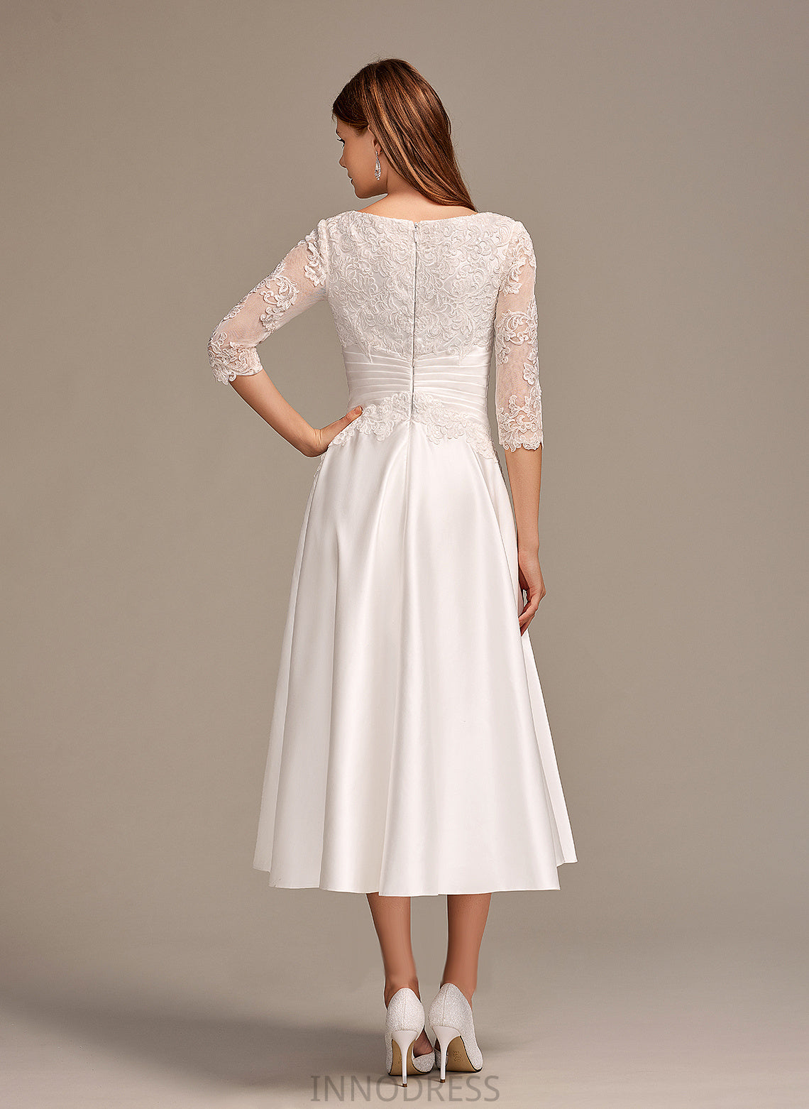 Wedding Dresses A-Line With Satin Wedding Lace Mia Neck Scoop Pockets Dress Tea-Length