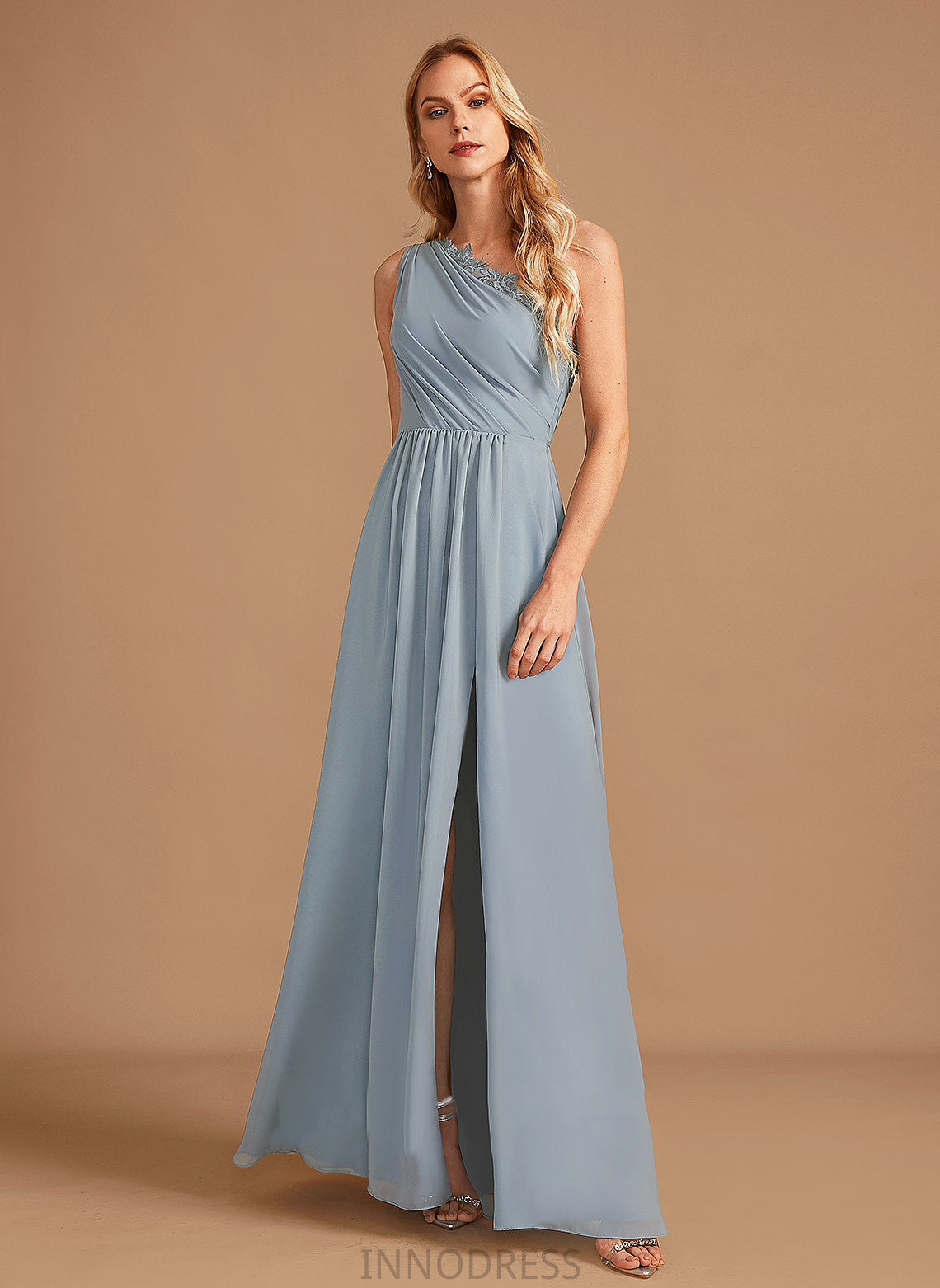 Neckline Floor-Length A-Line Lace Sequins One-Shoulder Fabric Silhouette Length Embellishment Jazmyn Cap Sleeves Bridesmaid Dresses