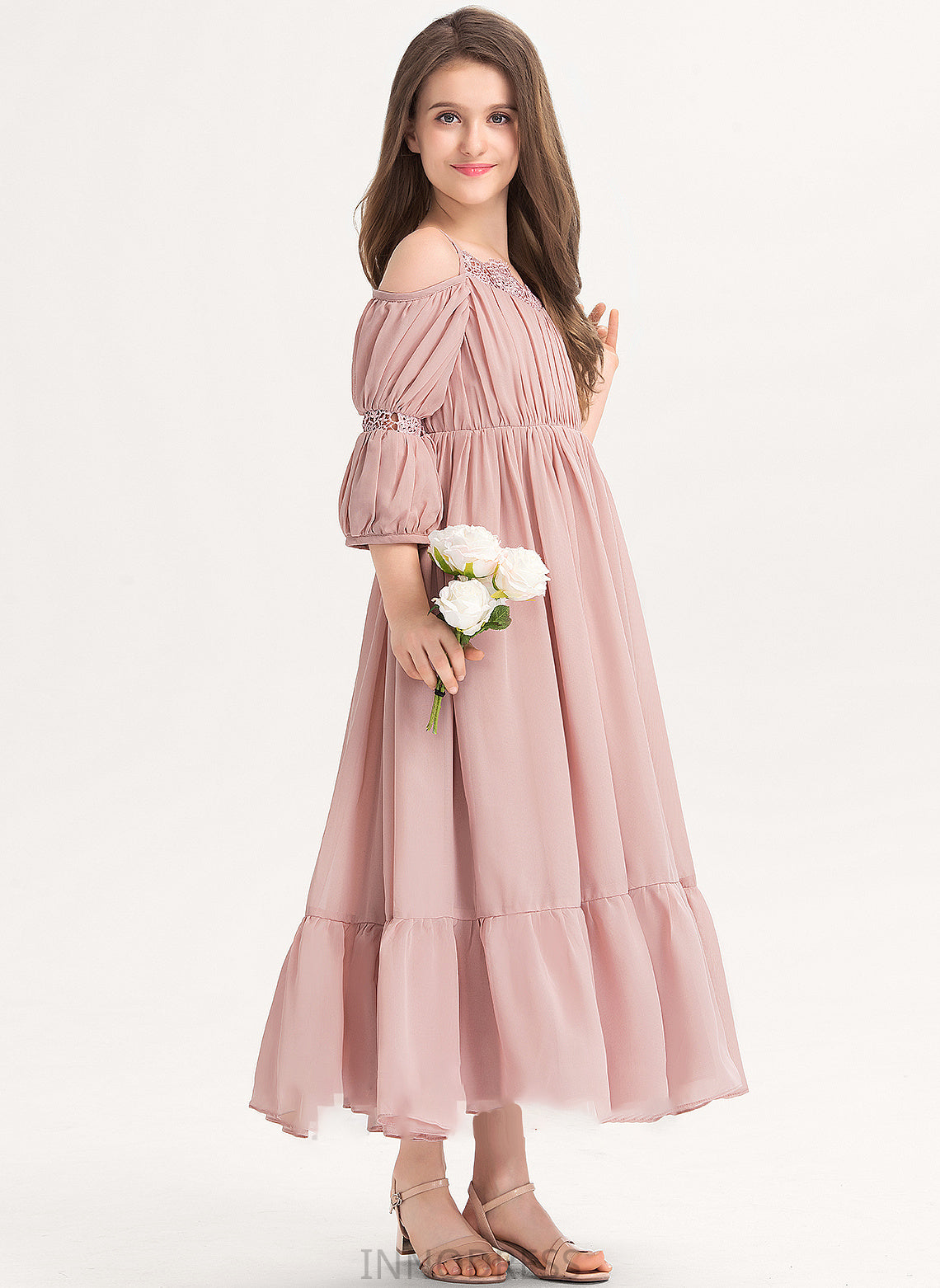 Chiffon Ankle-Length Square A-Line Ruffle Lace Shea Junior Bridesmaid Dresses Neckline With