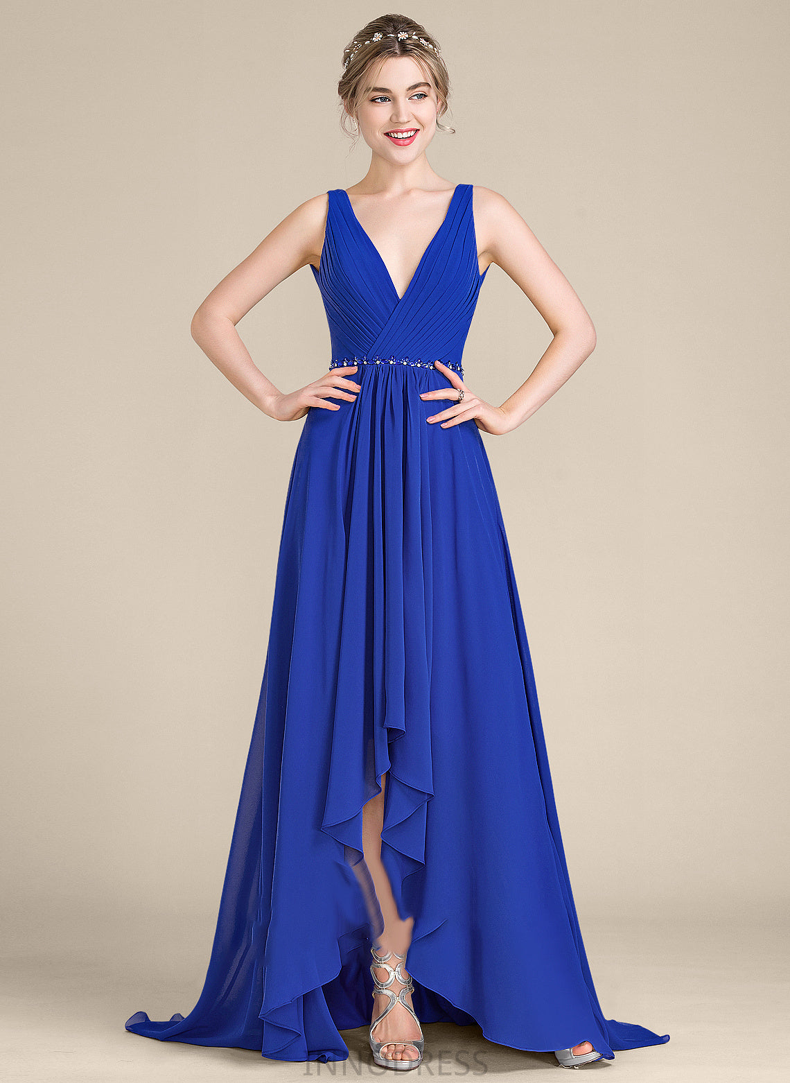 With Prom Dresses A-Line Asymmetrical Beading Sequins Chiffon Lydia V-neck Ruffle