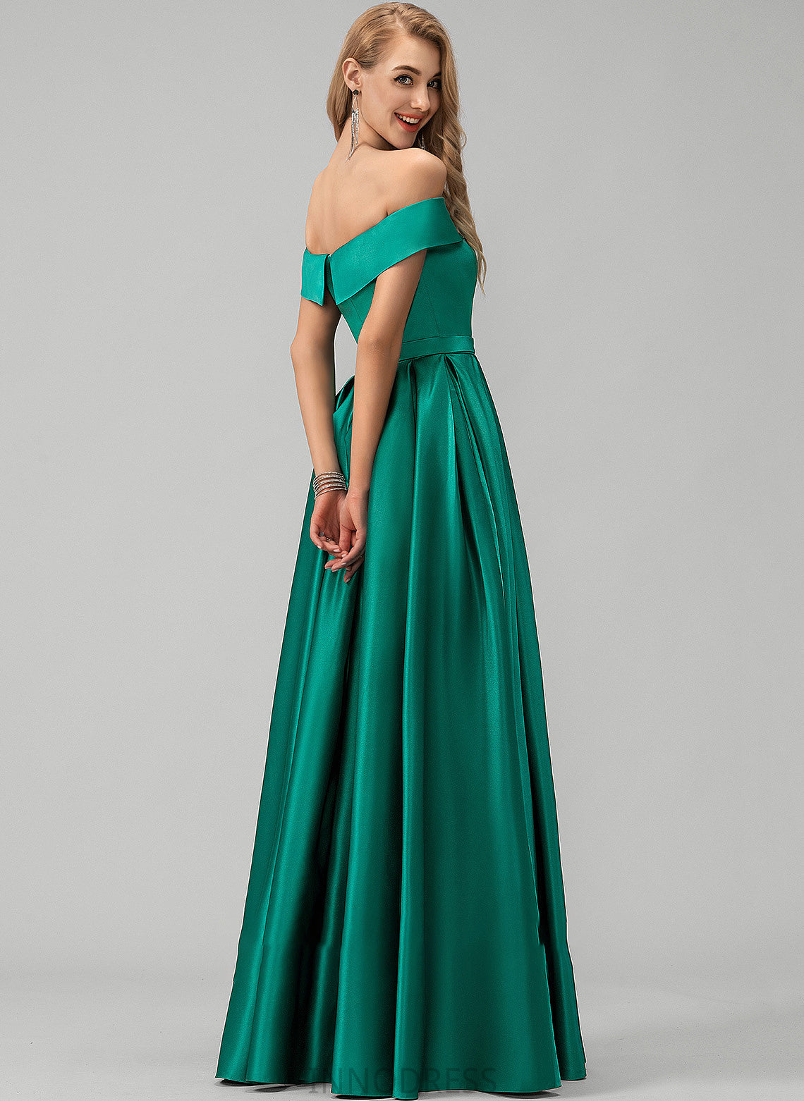 Floor-Length Satin Pockets Split Front Off-the-Shoulder With Ashleigh Ball-Gown/Princess Prom Dresses