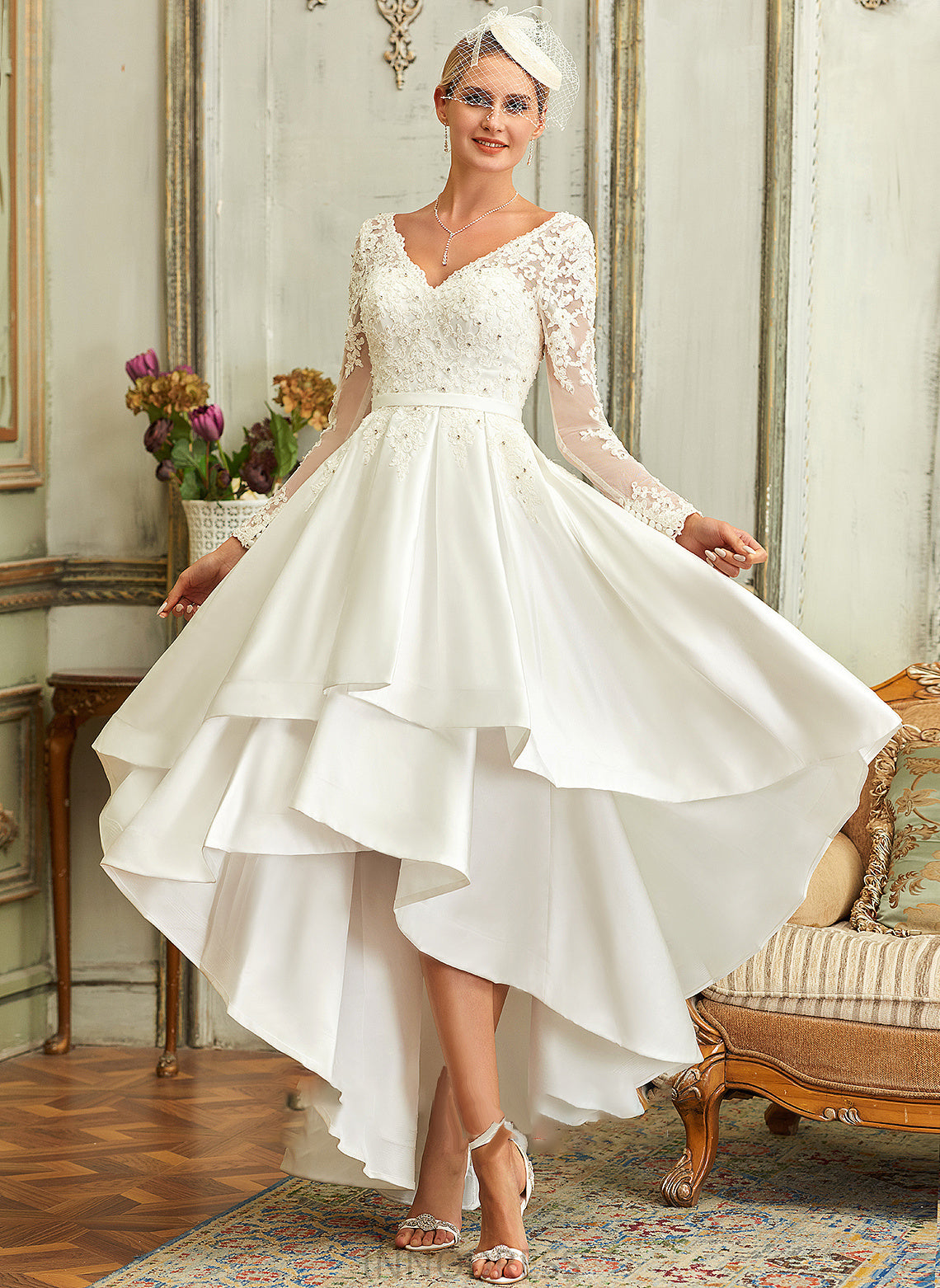 Wedding Lace Dress A-Line Yuliana V-neck Asymmetrical Wedding Dresses Satin