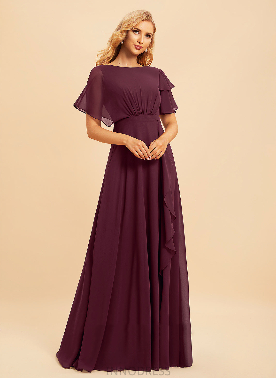 Ruffle Floor-Length Fabric Neckline Length Silhouette ScoopNeck A-Line Embellishment SplitFront Jadyn High Low Bridesmaid Dresses