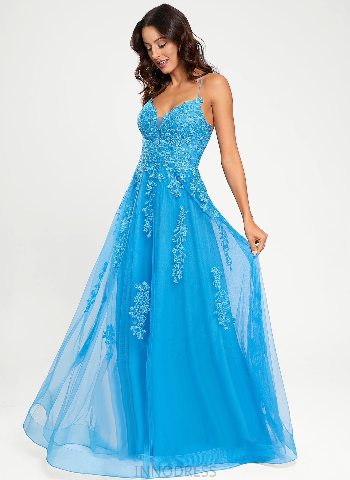 V-neck Tulle A-Line Floor-Length Jocelynn Prom Dresses