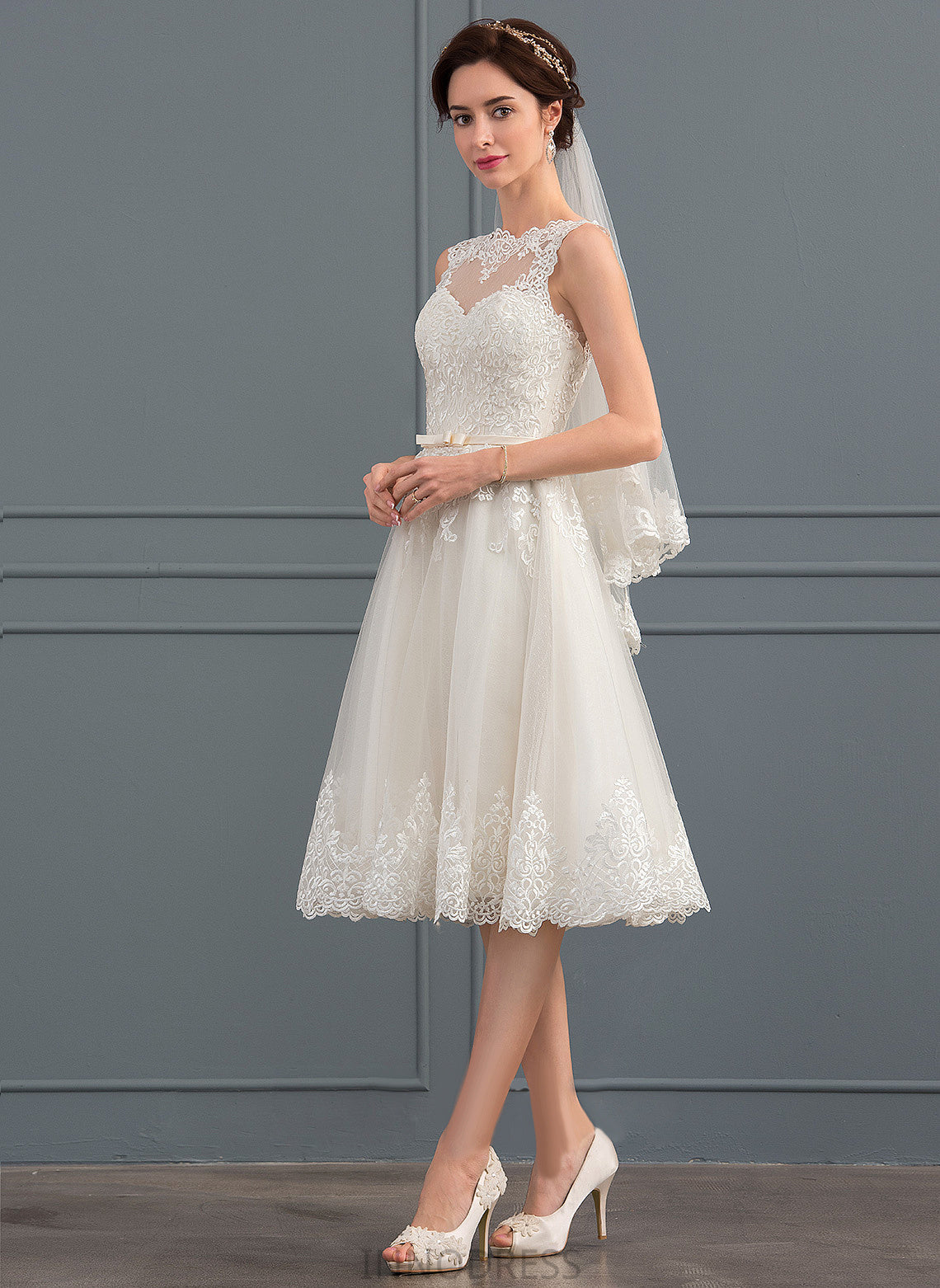 Illusion With Wedding Dresses A-Line Lace Dress Kayden Knee-Length Satin Bow(s) Wedding Tulle