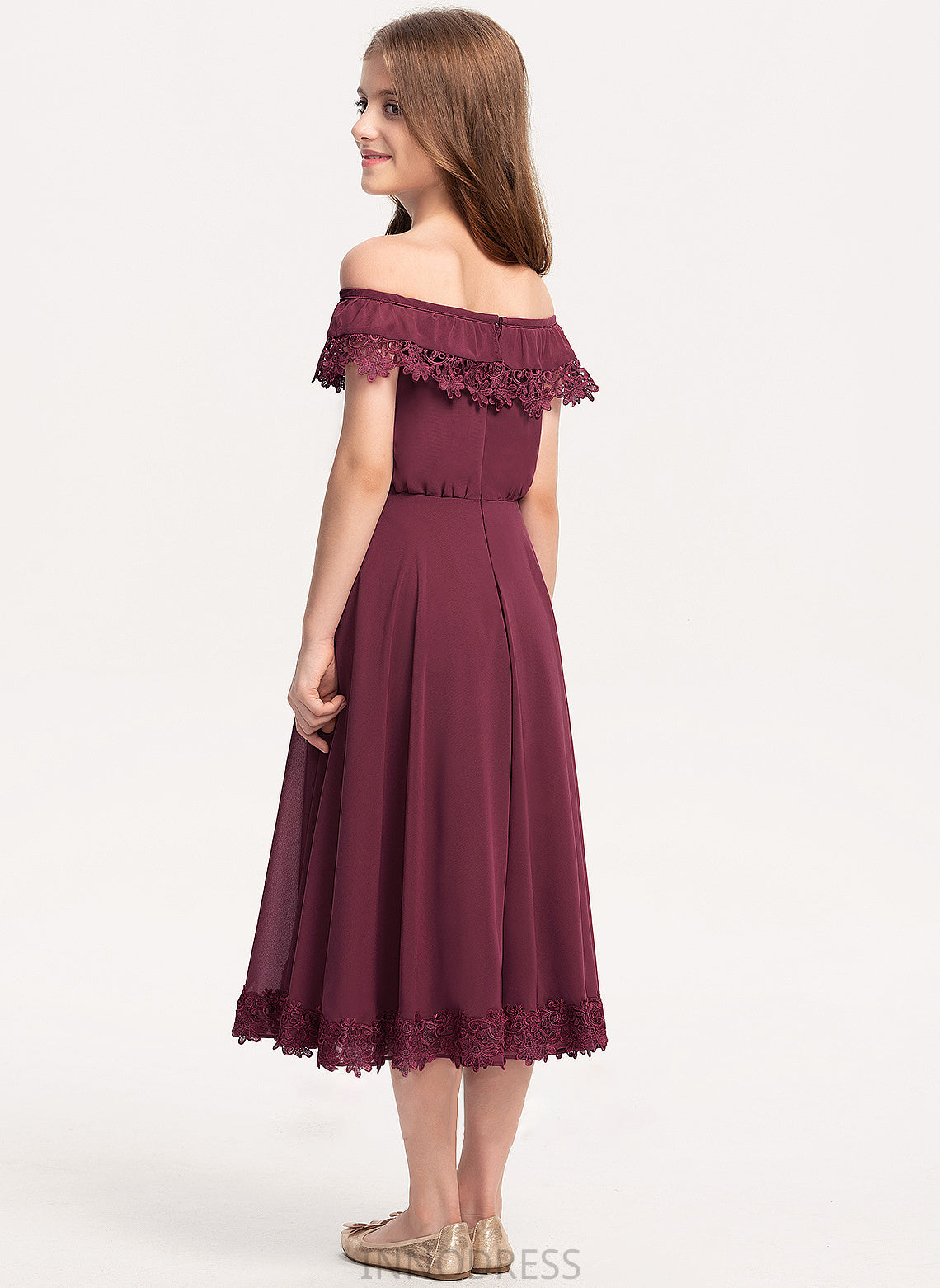 A-Line Lace Tea-Length Chiffon Off-the-Shoulder Junior Bridesmaid Dresses Kate