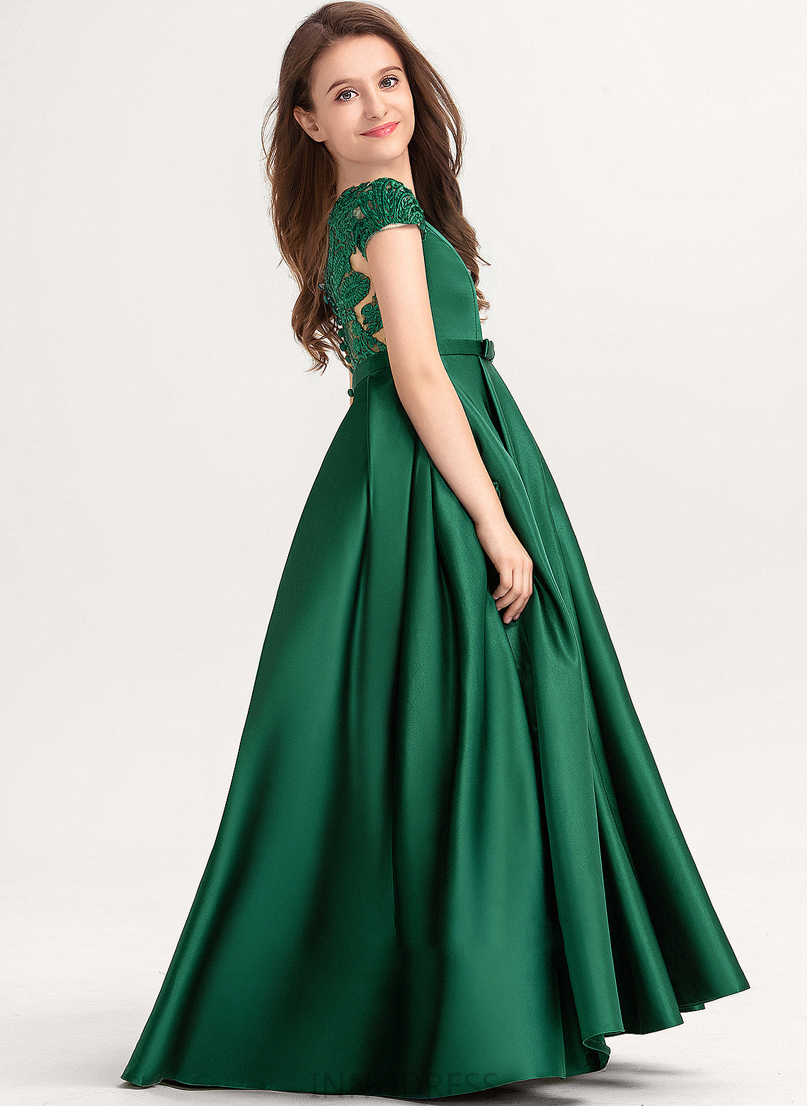 Pockets Floor-Length With Anya Neck Satin Junior Bridesmaid Dresses Bow(s) Ball-Gown/Princess Scoop Lace