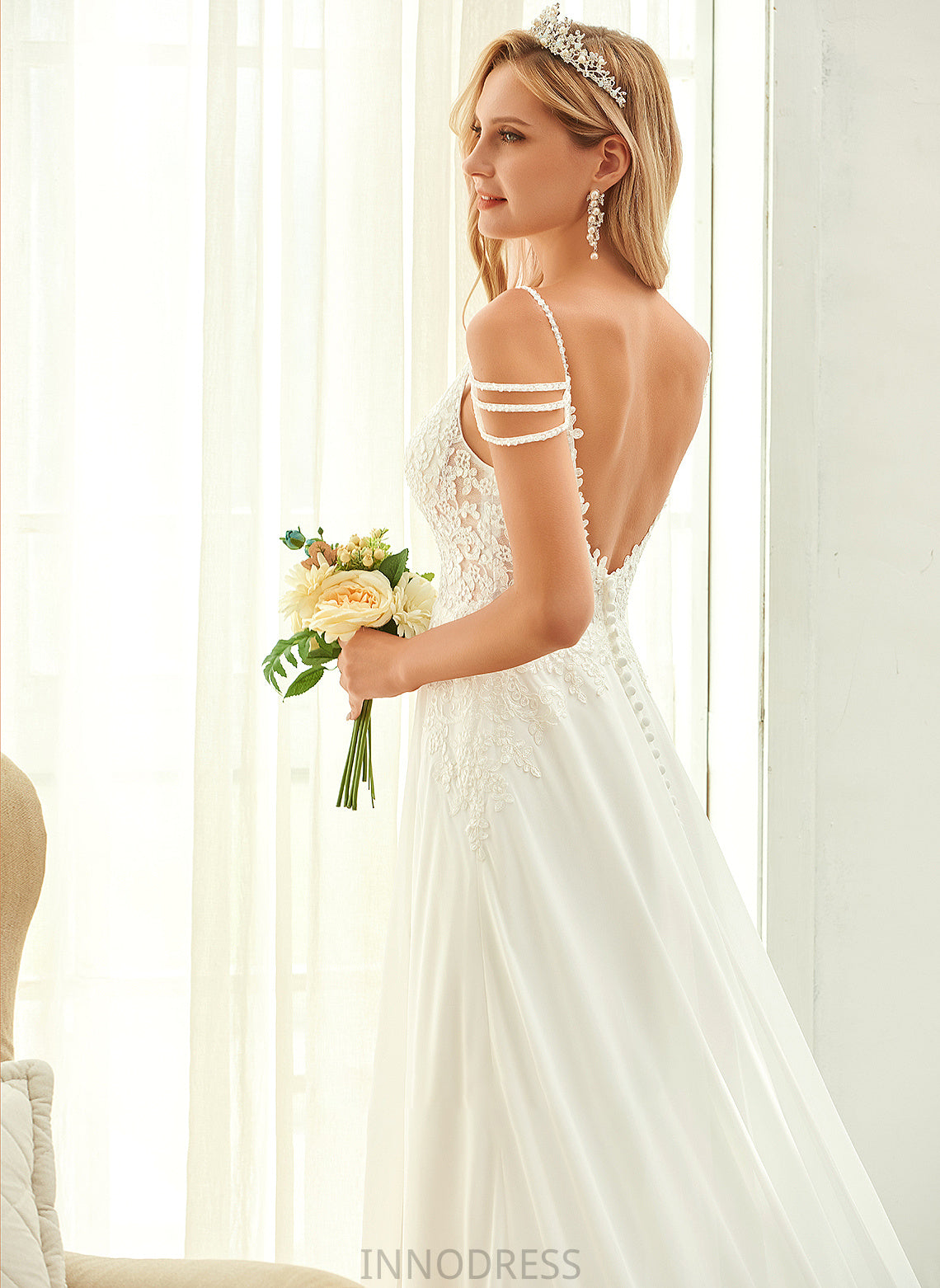 Train Lace V-neck Wedding Dresses Wedding With Chiffon Sequins Sweep A-Line Dress Desiree Beading