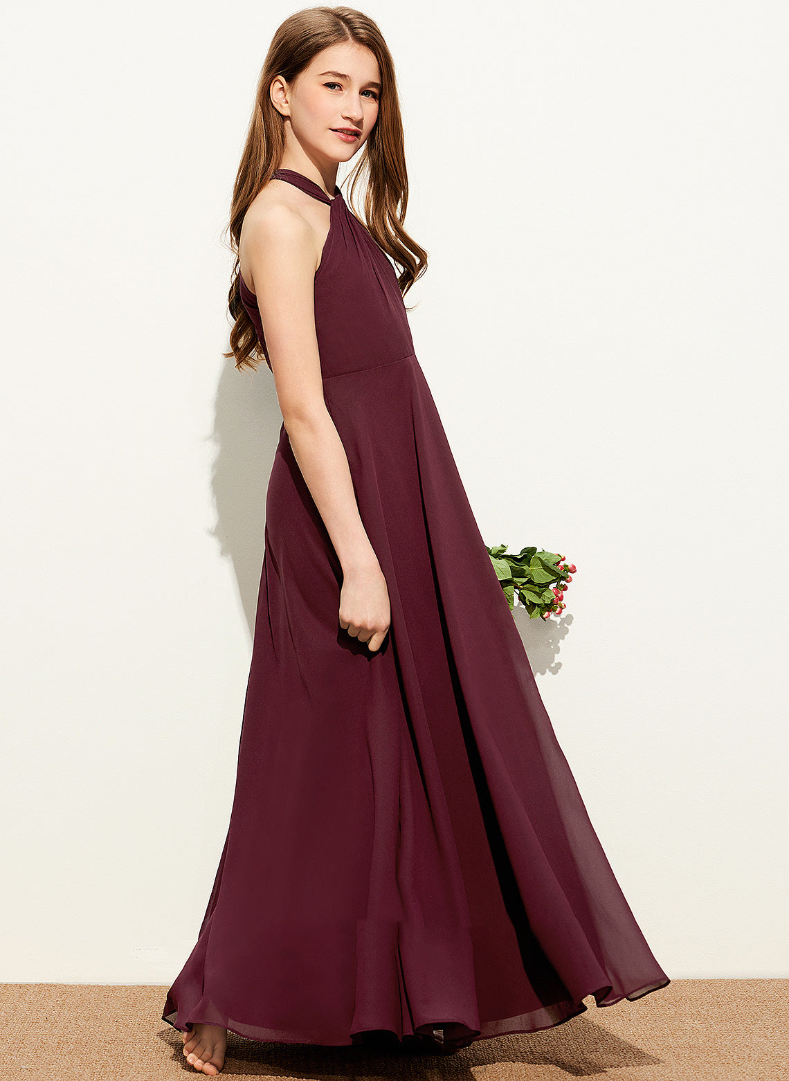 Chiffon With A-Line Ruffle Lilith Floor-Length Junior Bridesmaid Dresses V-neck