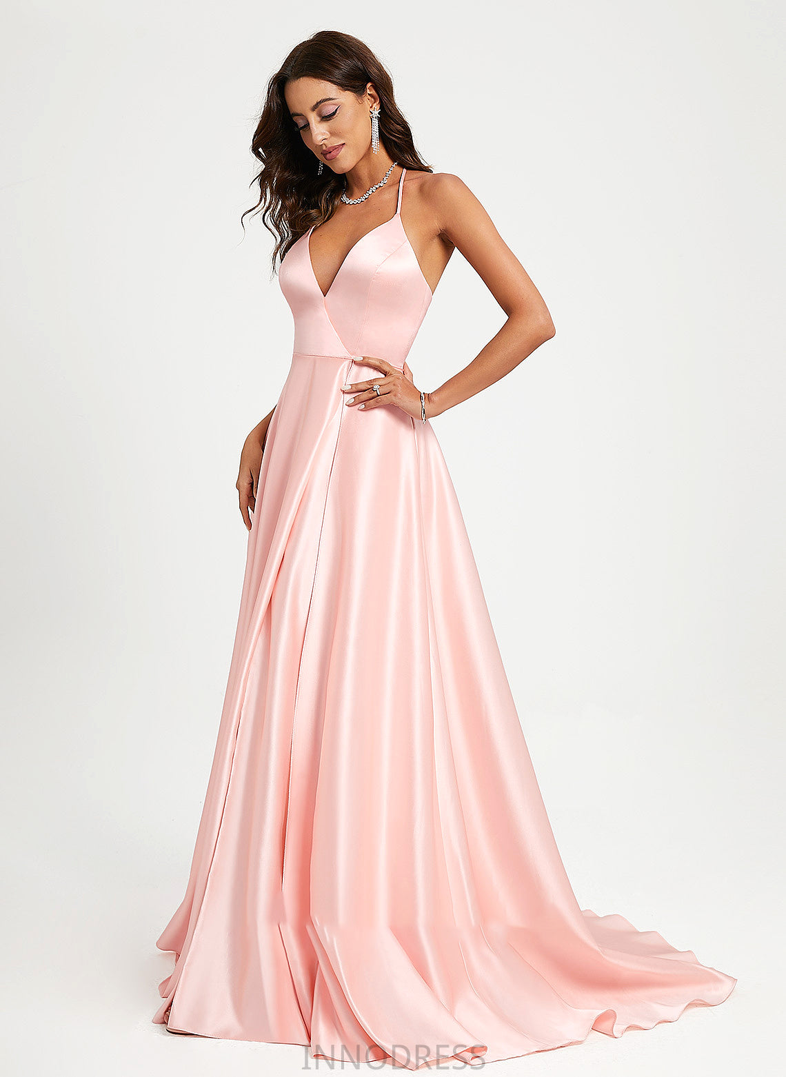 Train V-neck Satin A-Line Sweep Prom Dresses Elvira