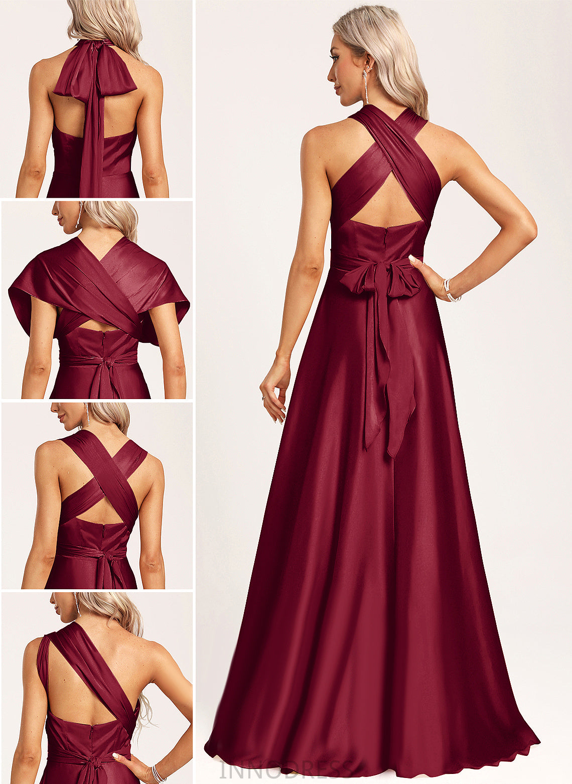 A-Line Neckline V-neck Fabric Halter Straps&Sleeves One-Shoulder Satin Length Silhouette Floor-Length Amani Bridesmaid Dresses