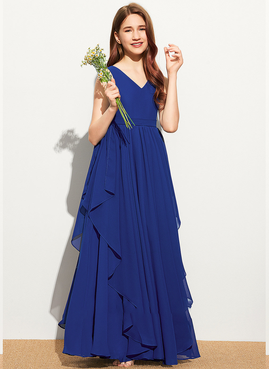 A-Line Junior Bridesmaid Dresses Ruffles Floor-Length V-neck Cascading With Chiffon Sydnee