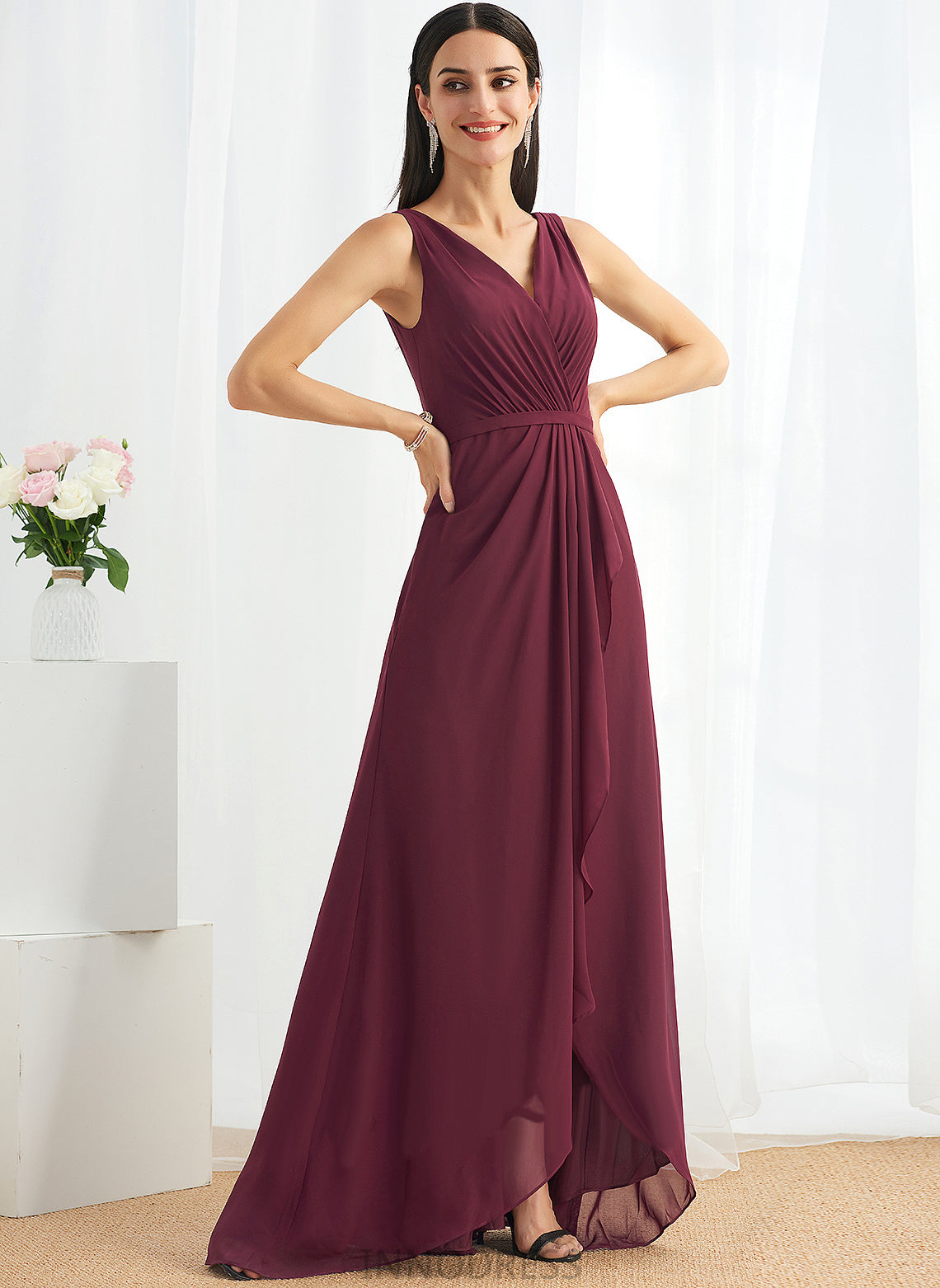 Embellishment Length Neckline A-Line SplitFront Asymmetrical Silhouette Fabric V-neck Ginny Cap Sleeves Natural Waist Bridesmaid Dresses