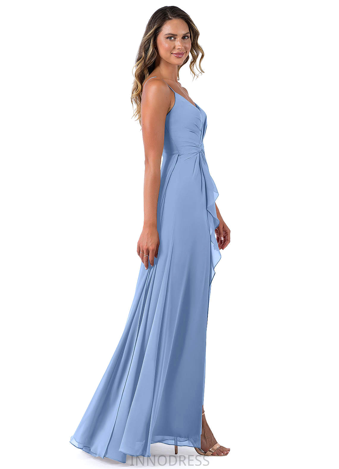 Celeste Floor Length Sleeveless Natural Waist Sheath/Column V-Neck Bridesmaid Dresses