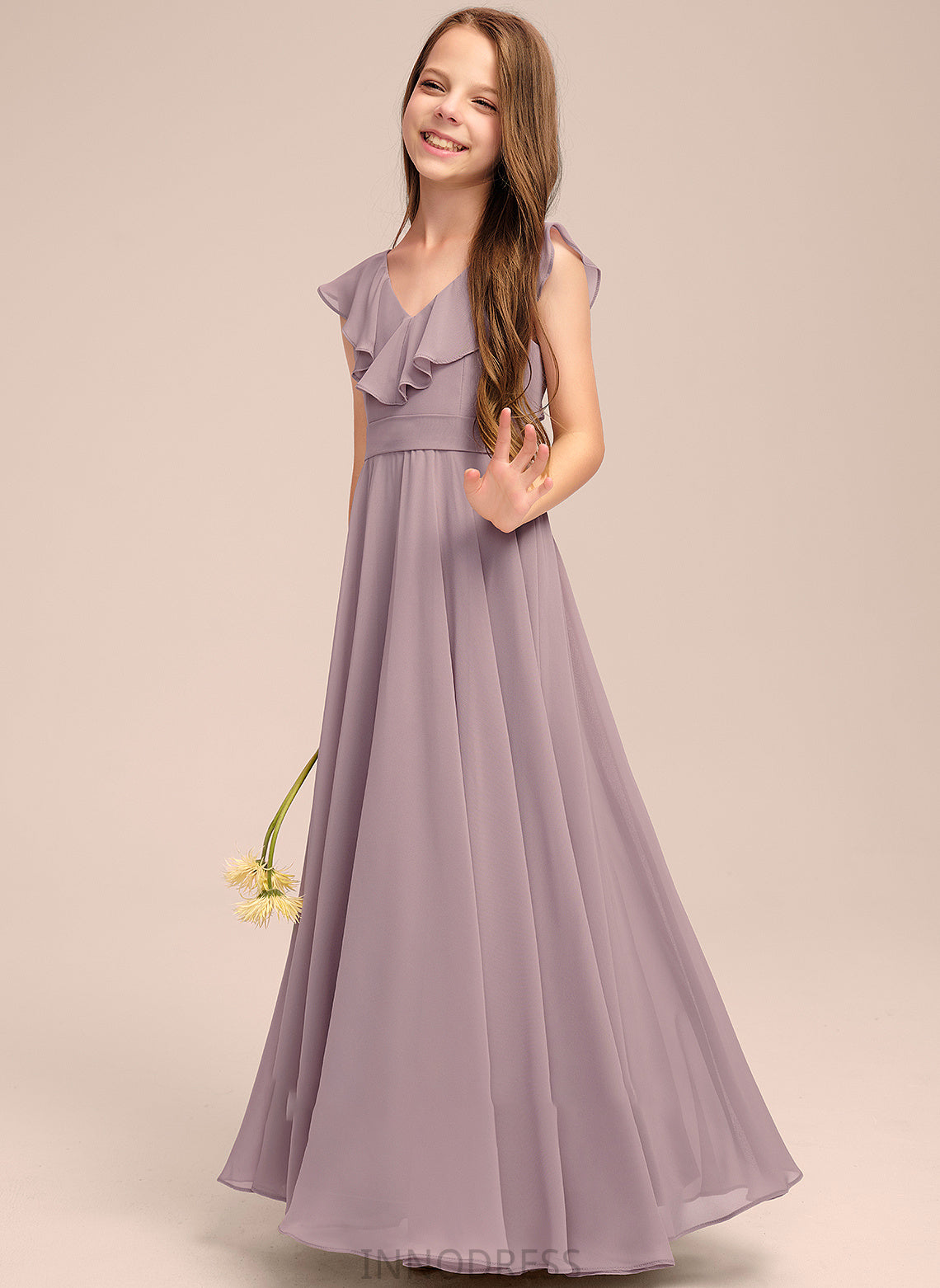 Selah Floor-Length Chiffon Junior Bridesmaid Dresses Cascading A-Line With Ruffles V-neck