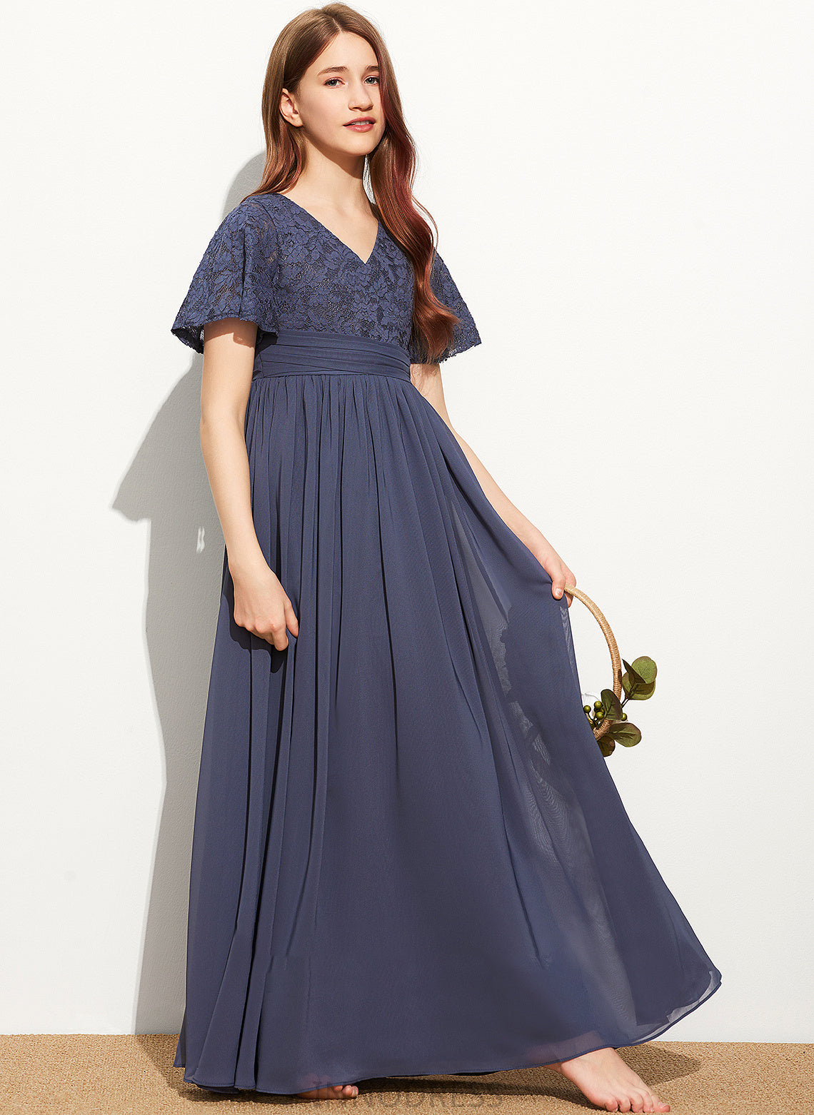 V-neck Gloria Bow(s) With Junior Bridesmaid Dresses Floor-Length Lace Chiffon A-Line