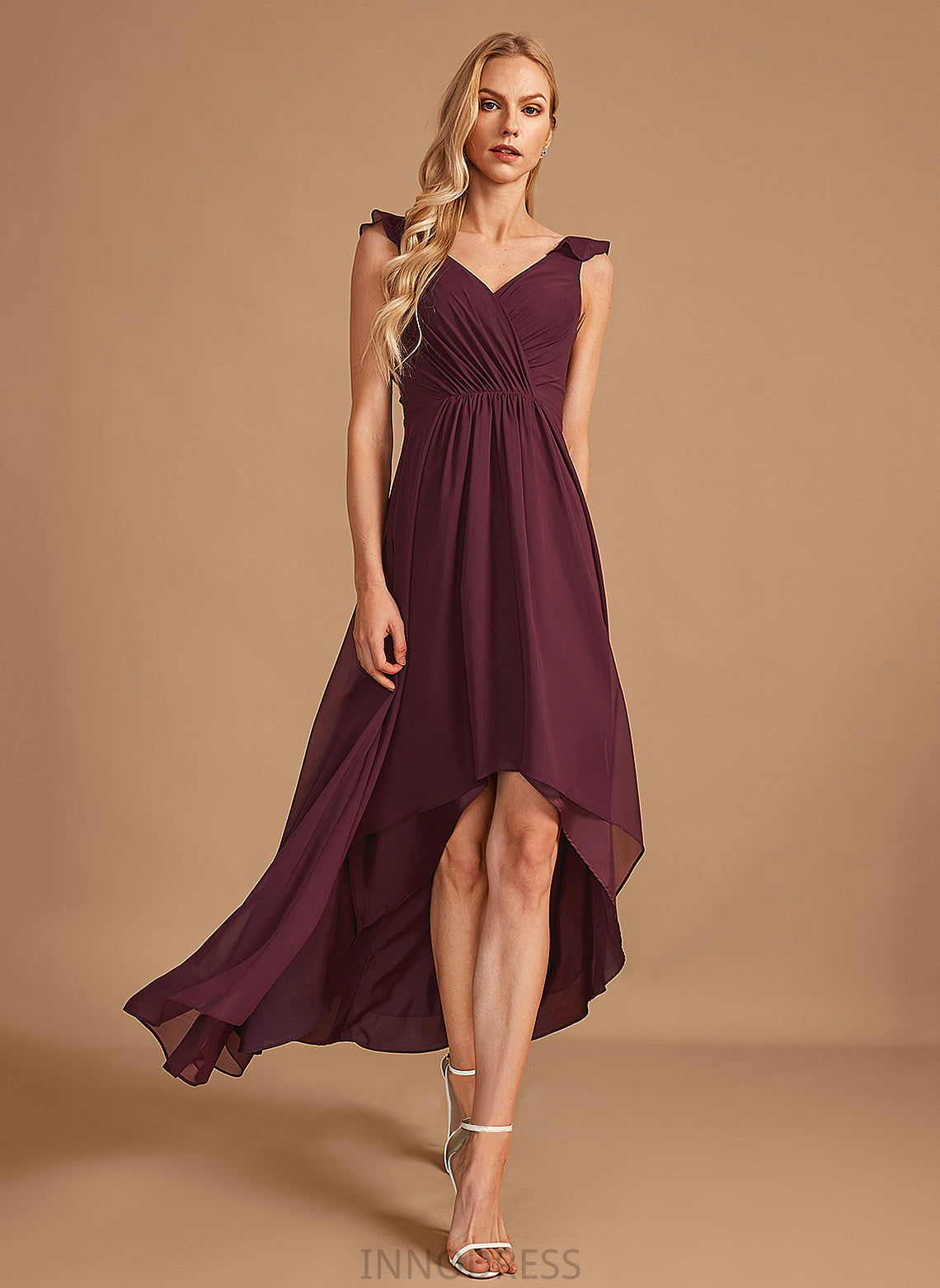 Length Neckline A-Line Silhouette V-neck Fabric Ruffle Embellishment Asymmetrical Kali Floor Length Sleeveless Bridesmaid Dresses