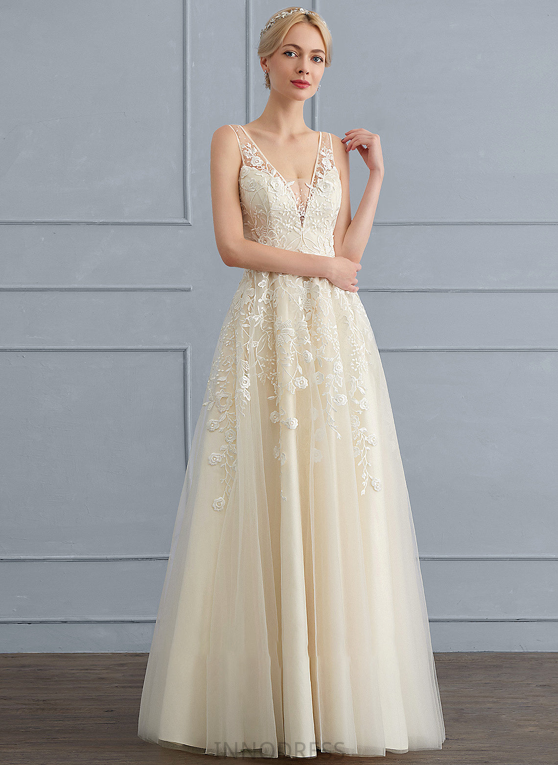 V-neck Floor-Length Wedding Dresses Ariella Sequins Beading A-Line With Wedding Tulle Dress