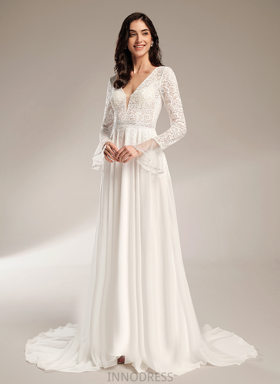 Wedding Dresses V-neck Dress Aurora Lace Train Wedding With A-Line Chiffon Court Ruffle