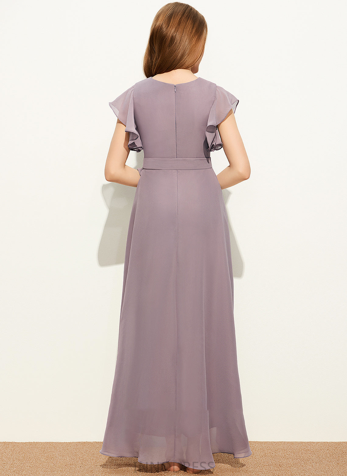 Ruffle With Chiffon Stephanie A-Line Bow(s) Junior Bridesmaid Dresses V-neck Asymmetrical