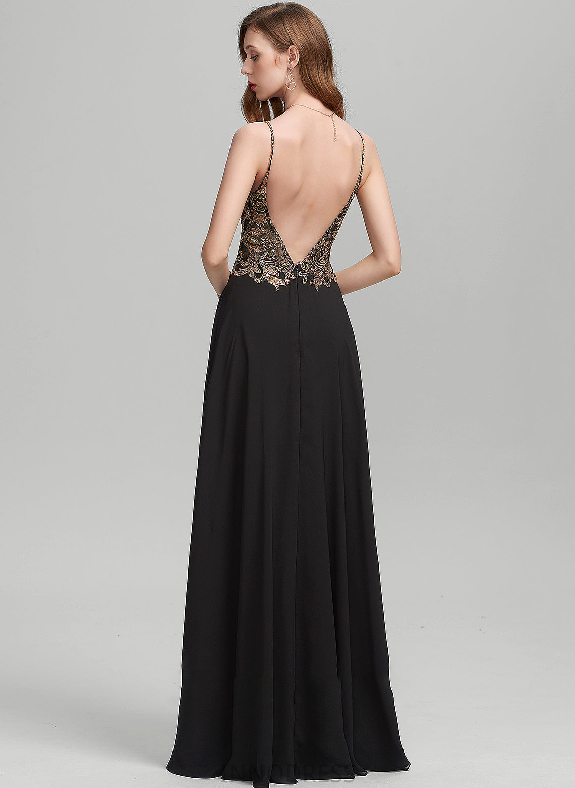 Floor-Length With Prom Dresses A-Line V-neck Jaida Sequins Front Split Lace Chiffon