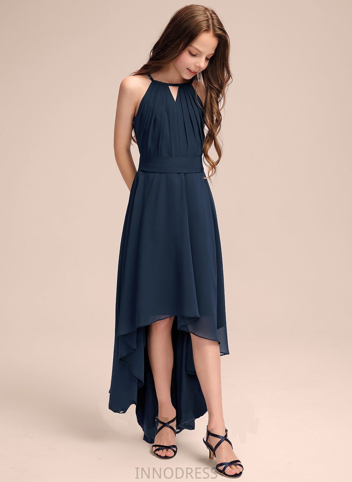 A-Line Asymmetrical Neck With Bow(s) Chiffon Junior Bridesmaid Dresses Adison Ruffles Scoop