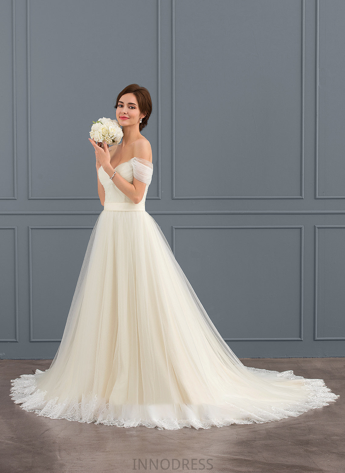 Wedding With Wedding Dresses Off-the-Shoulder Lace Tulle Ball-Gown/Princess Shyann Ruffle Train Court Dress