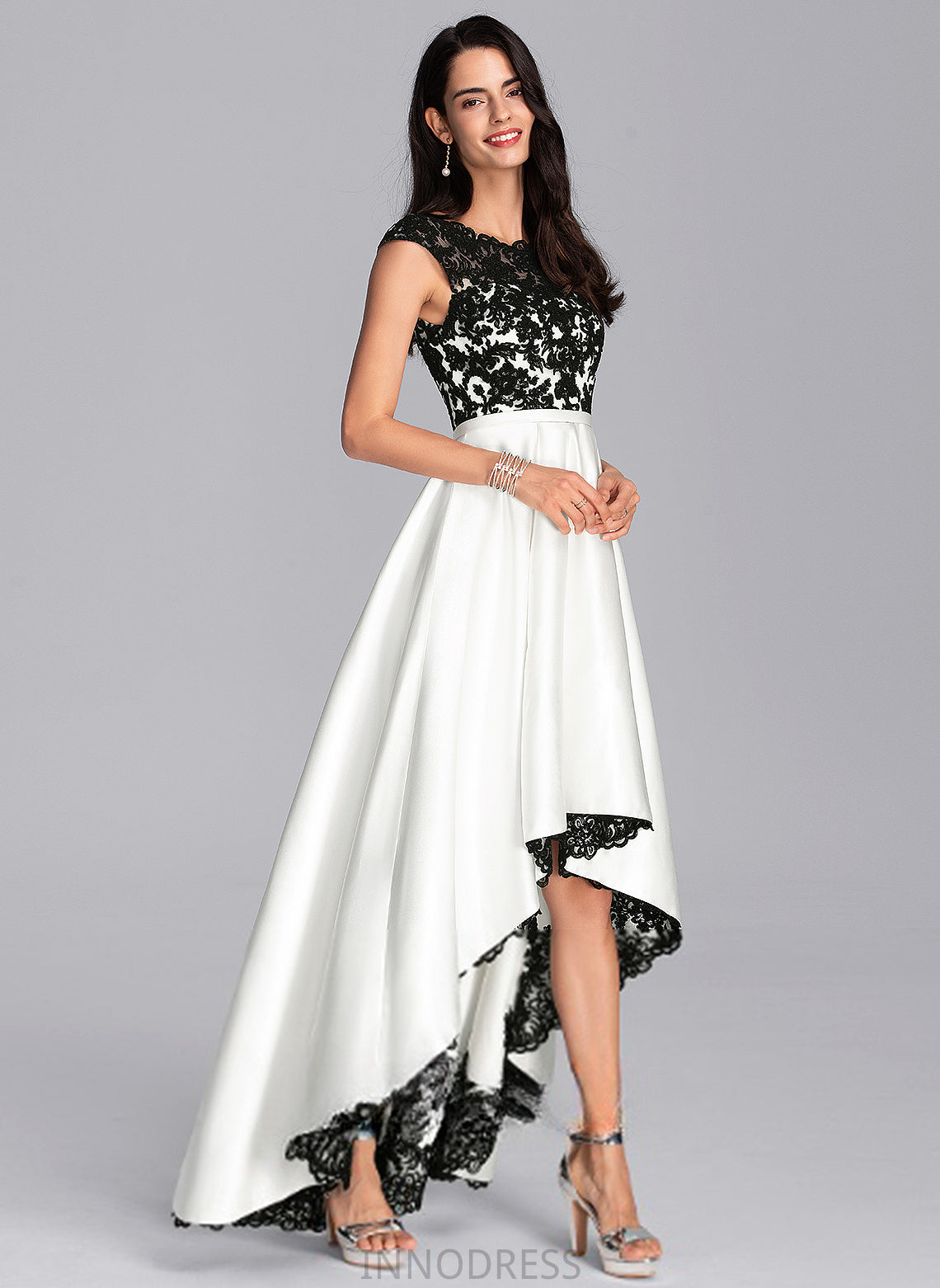 A-Line Prom Dresses Lace Scoop Rosalyn Illusion Asymmetrical Satin