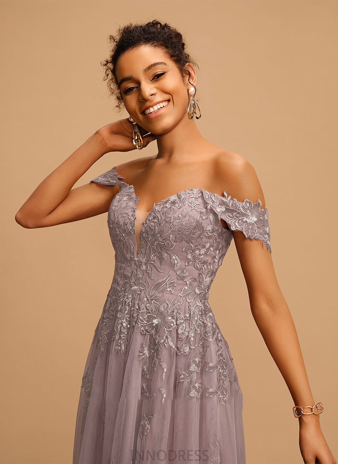 Maeve With A-Line Off-the-Shoulder Floor-Length Tulle Prom Dresses Sequins