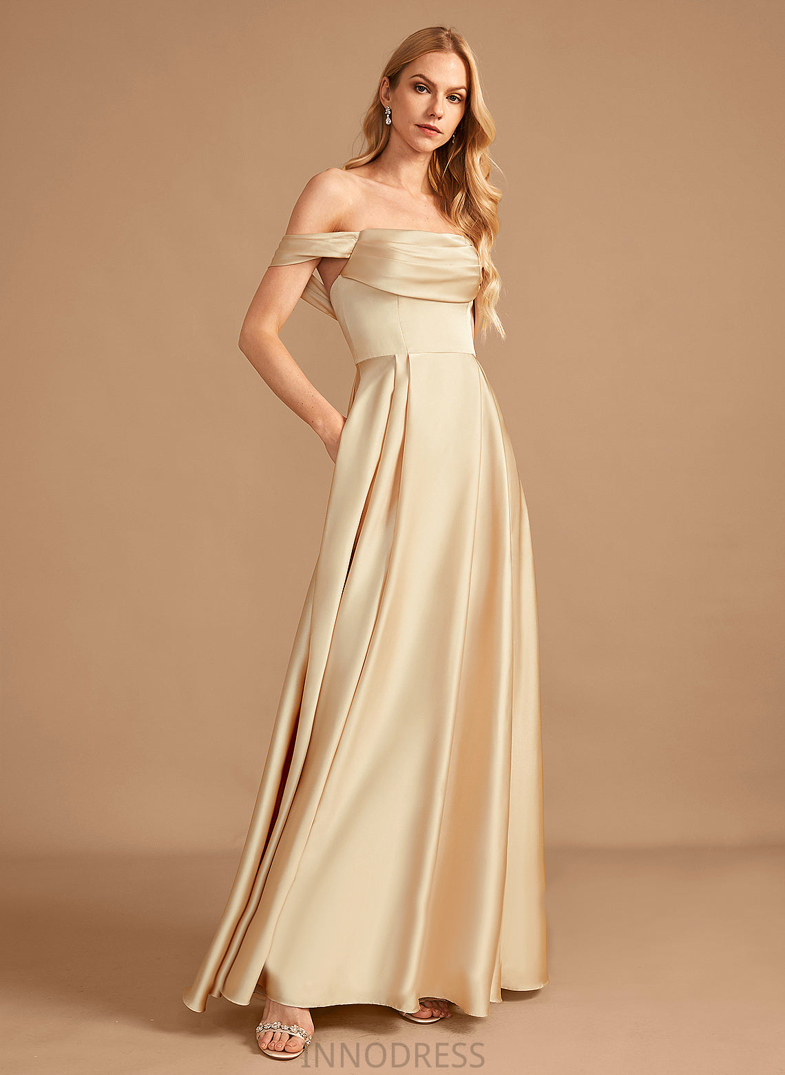 Silhouette SplitFront Embellishment A-Line Length Fabric Neckline Floor-Length Off-the-Shoulder Pockets Diana V-Neck Bridesmaid Dresses