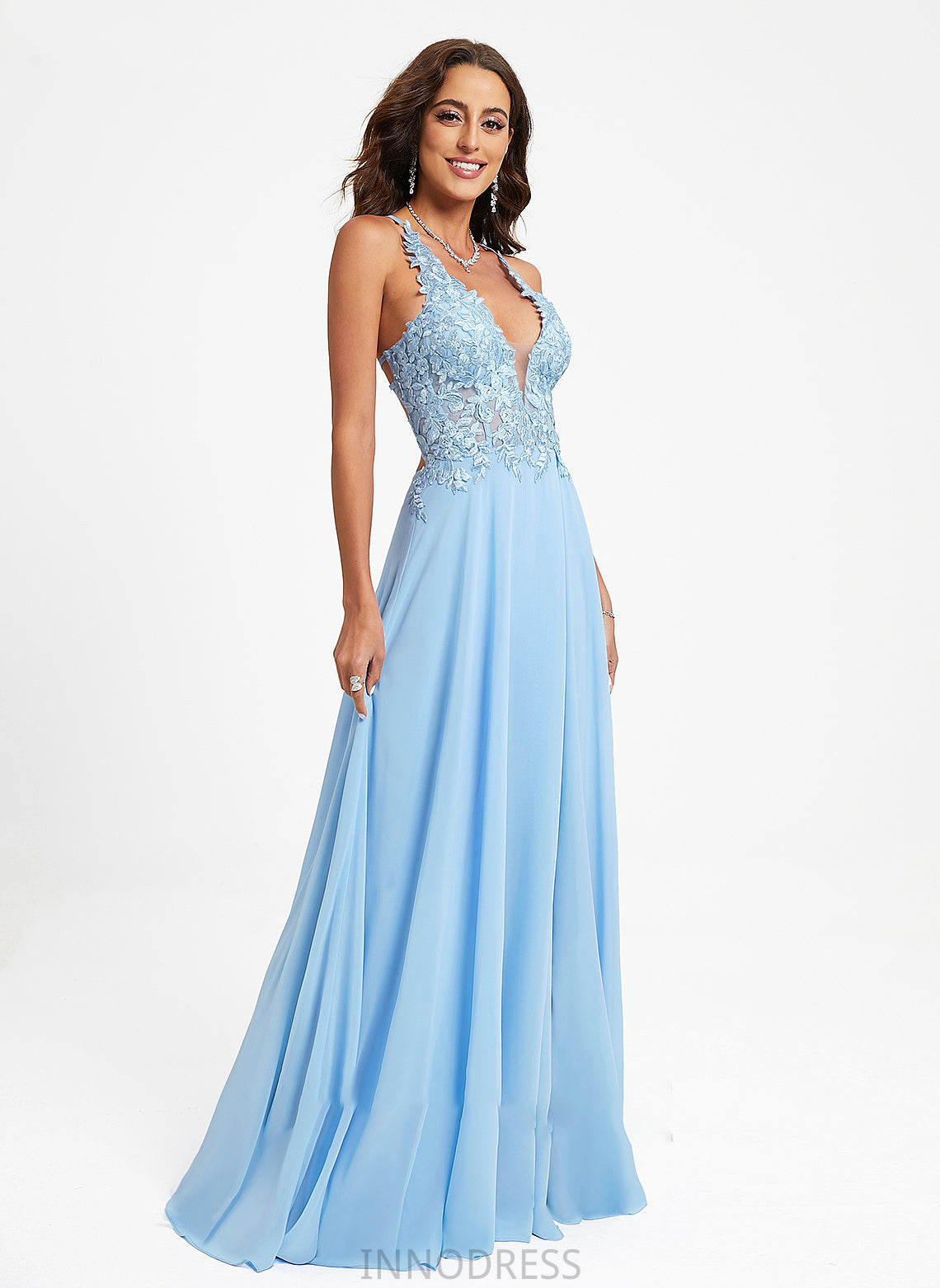 Prom Dresses V-neck Floor-Length A-Line With Lace Savanah Chiffon