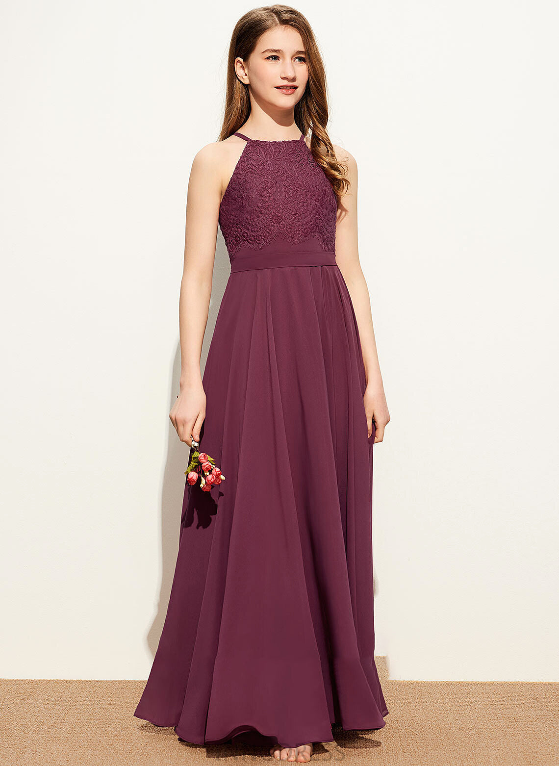 A-Line Neckline Floor-Length Square Melany Lace Junior Bridesmaid Dresses Chiffon