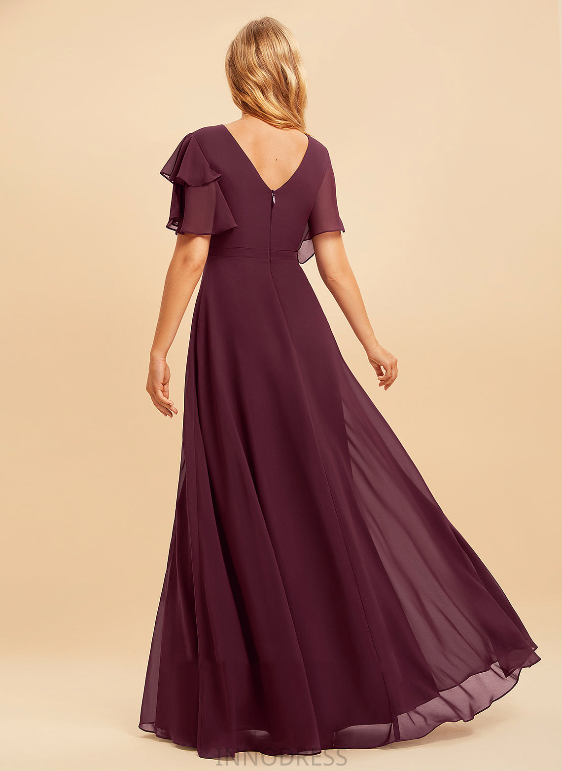 A-Line Embellishment ScoopNeck Ruffle Length Silhouette Neckline SplitFront Floor-Length Fabric Krystal V-Neck Bridesmaid Dresses