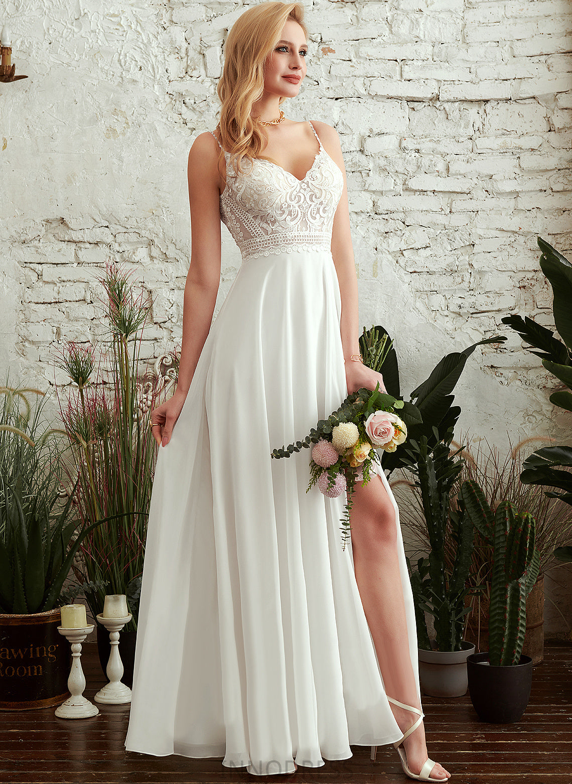 Floor-Length Dress Kyleigh Lace Wedding A-Line Wedding Dresses V-neck Chiffon