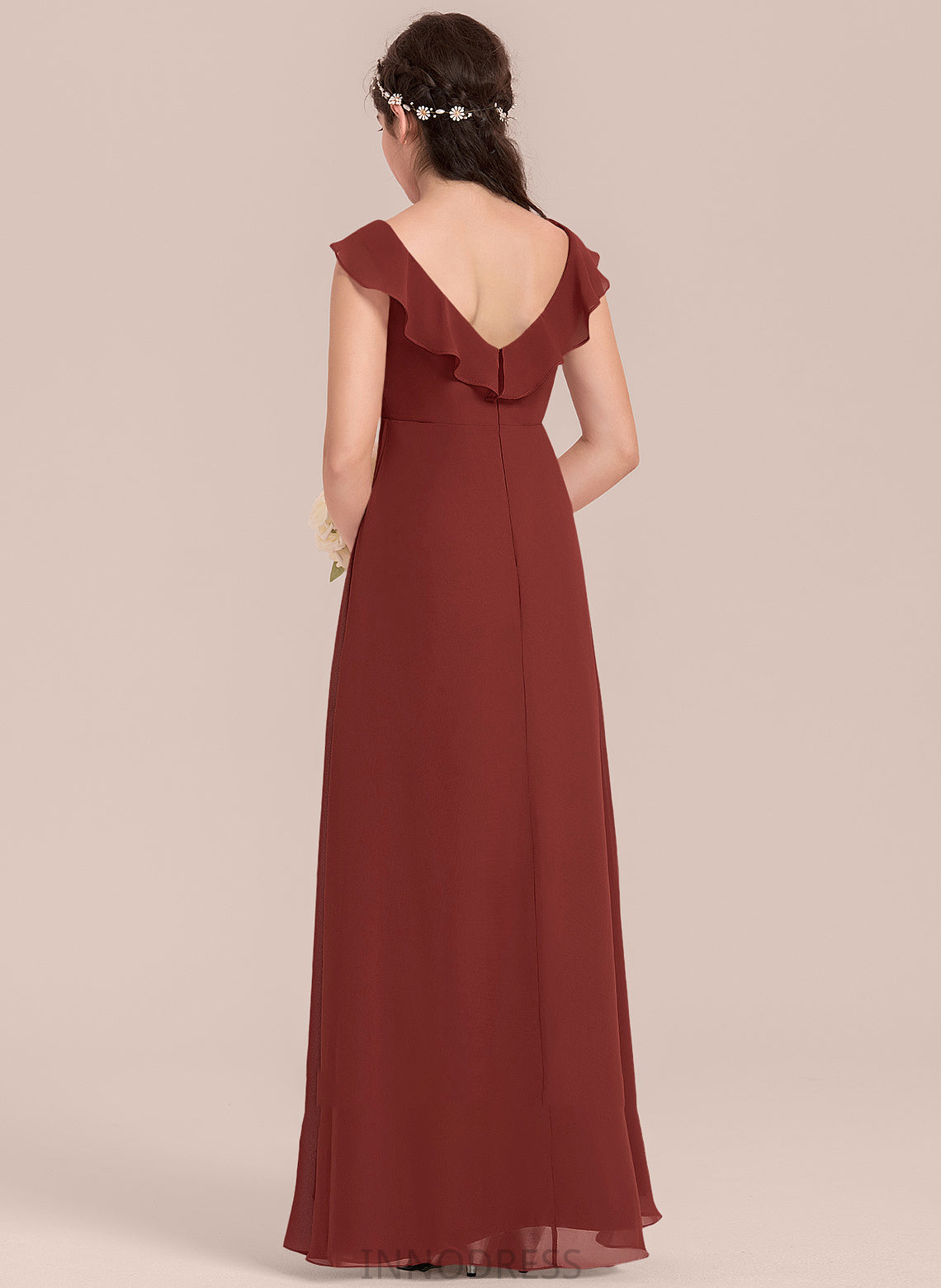 Floor-Length V-neck Chiffon With Cascading Junior Bridesmaid Dresses Ruffles Front A-Line Madilynn Split