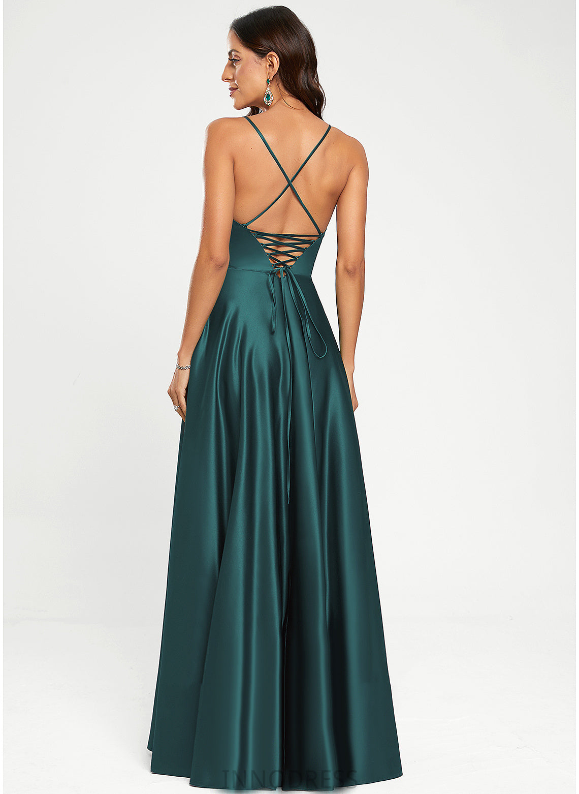 Floor-Length Satin A-Line V-neck Prom Dresses Damaris