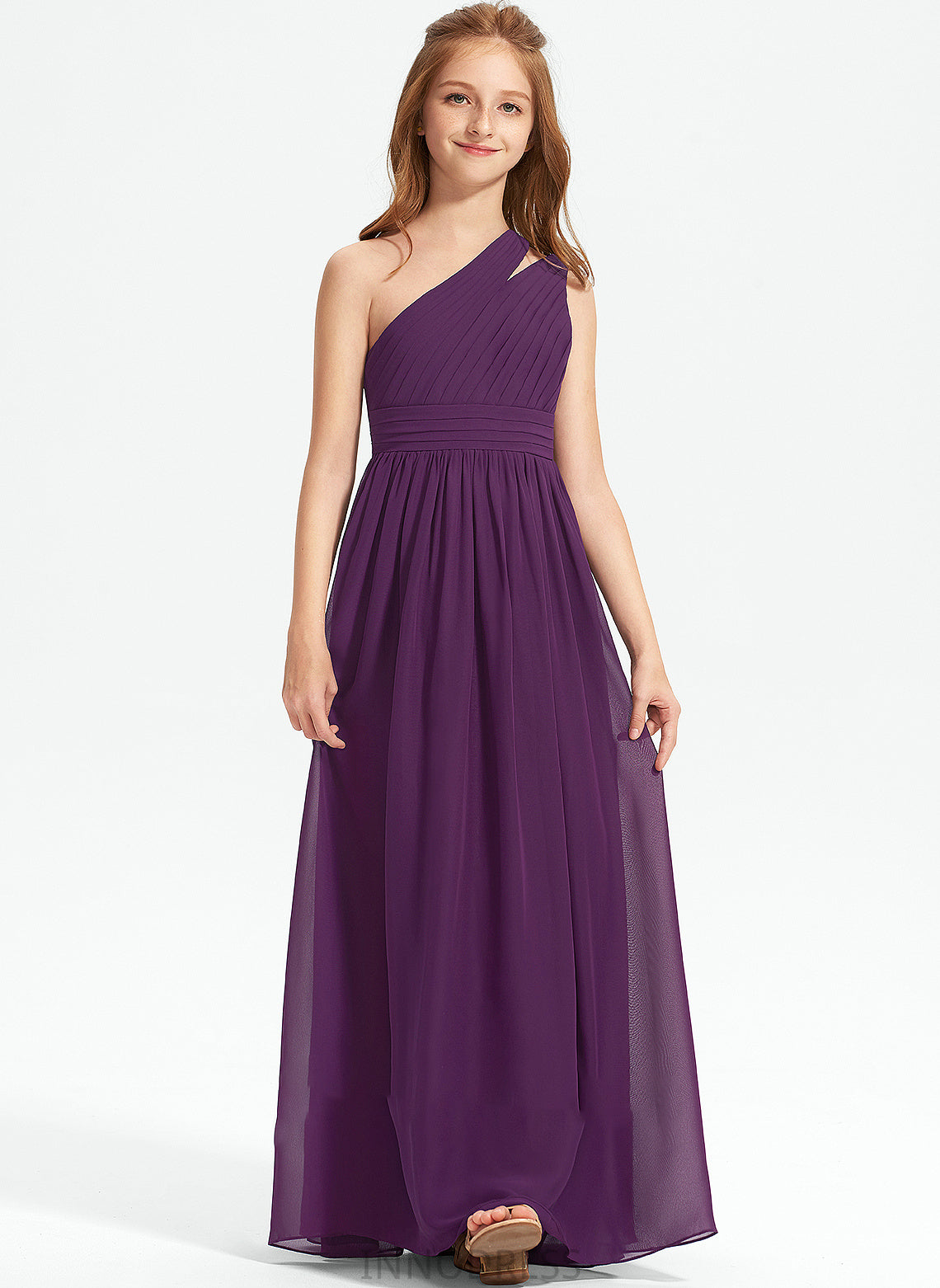 Floor-Length Ruffle With A-Line Viviana One-Shoulder Chiffon Junior Bridesmaid Dresses