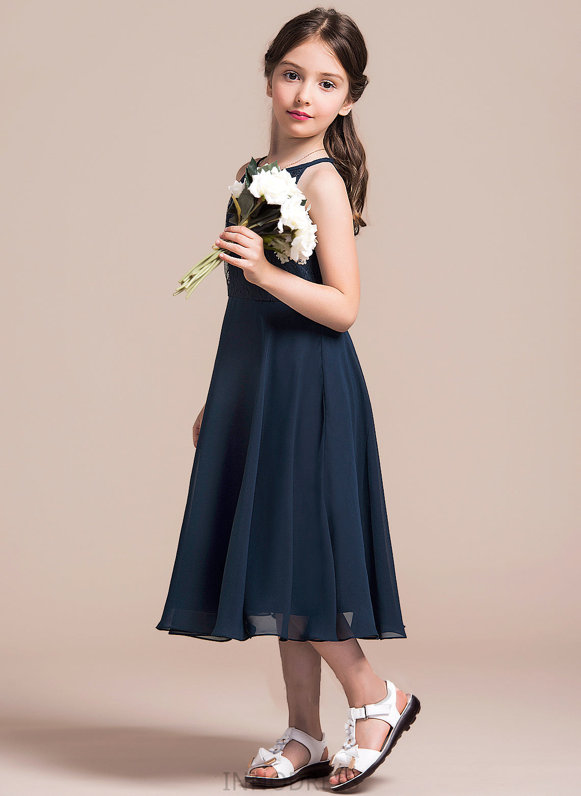 Azul A-Line Junior Bridesmaid Dresses With Neck Ruffle Tea-Length Lace Scoop Chiffon