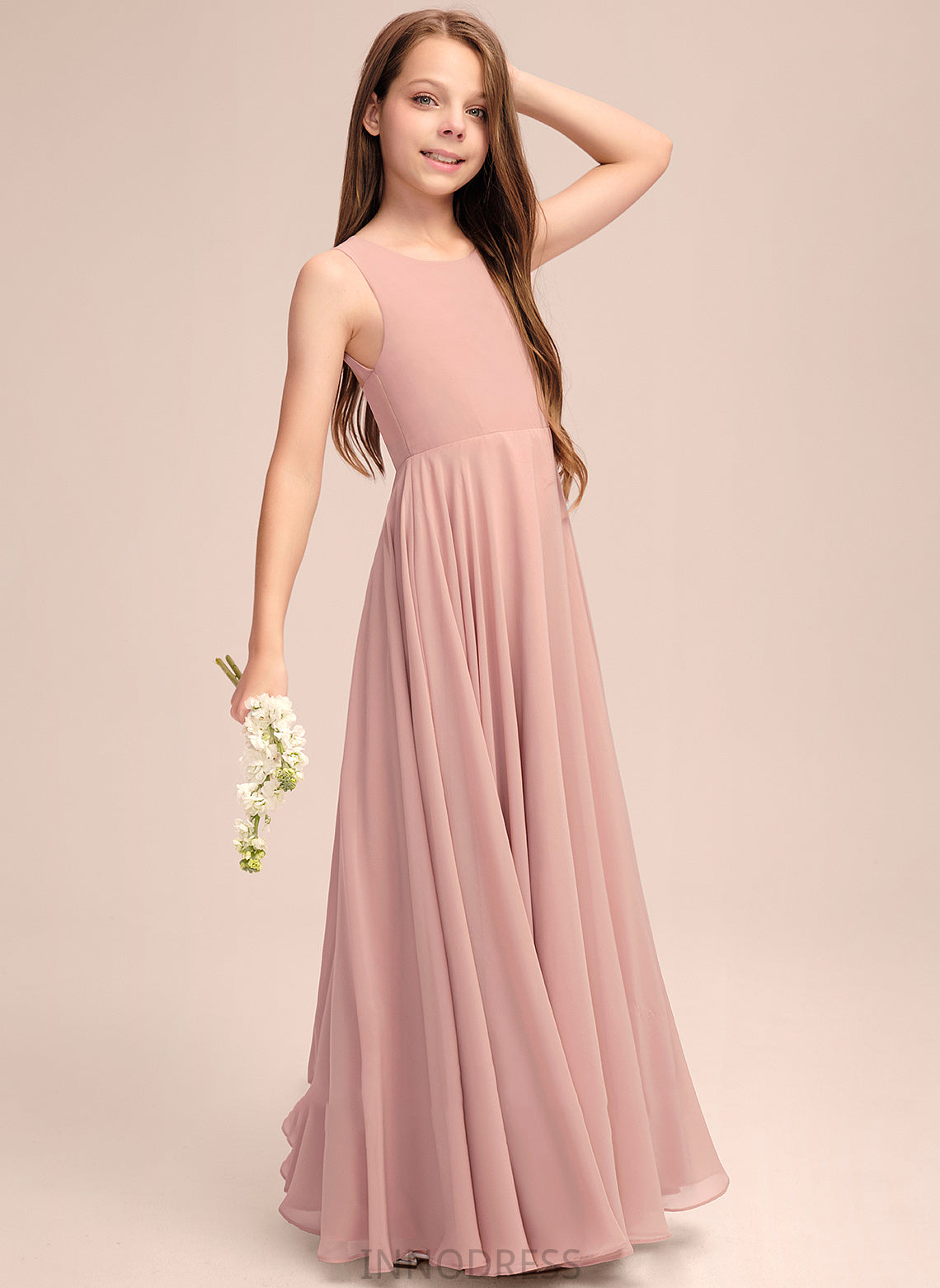 Junior Bridesmaid Dresses With Scoop Bow(s) Chiffon Kaylen Floor-Length A-Line Neck