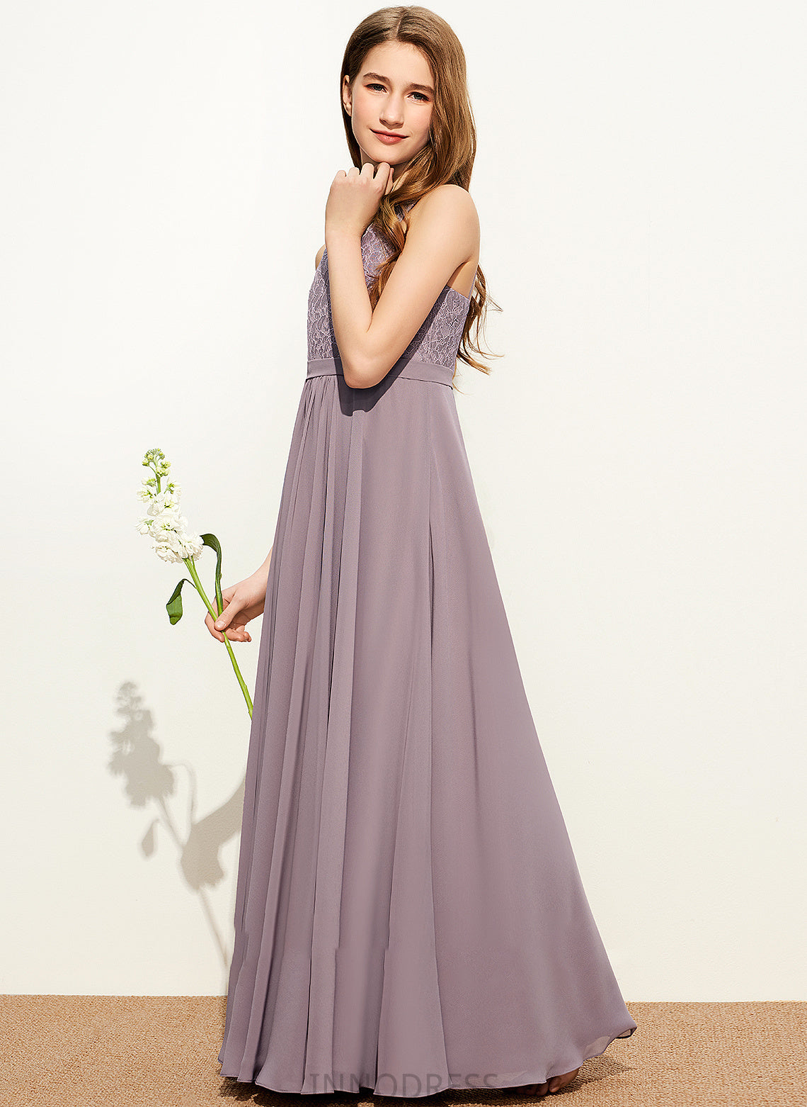 A-Line Chiffon V-neck Carlee Lace Floor-Length Junior Bridesmaid Dresses