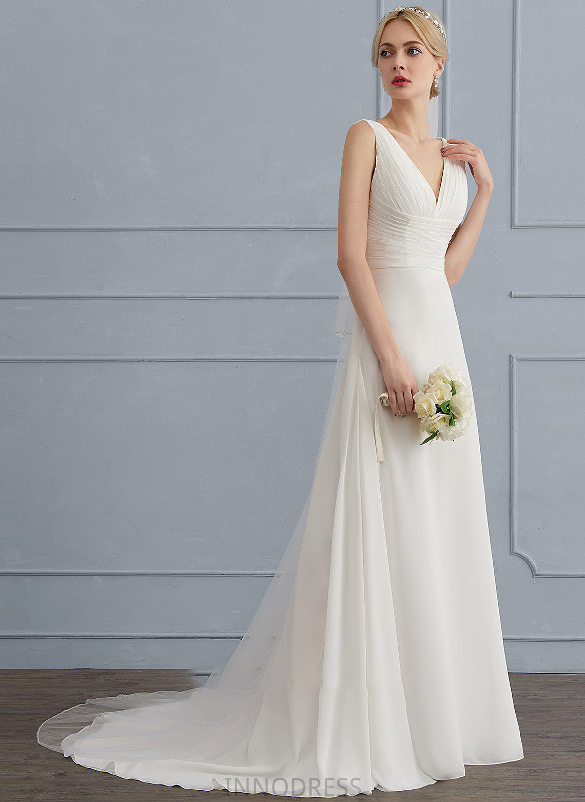 A-Line With Sweep V-neck Chiffon Train Wedding Dress Ruffle Dixie Wedding Dresses