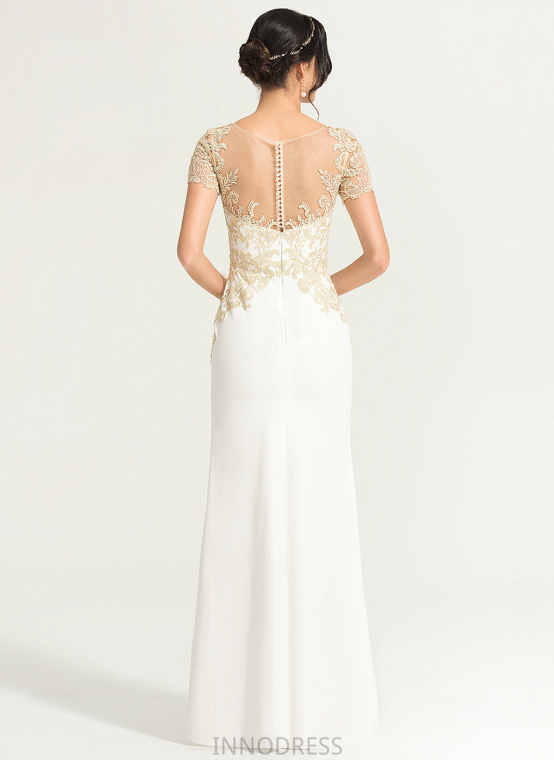 Scoop Sheath/Column Front Wedding Dress With Split Cadence Neck Lace Wedding Dresses Crepe Stretch Floor-Length